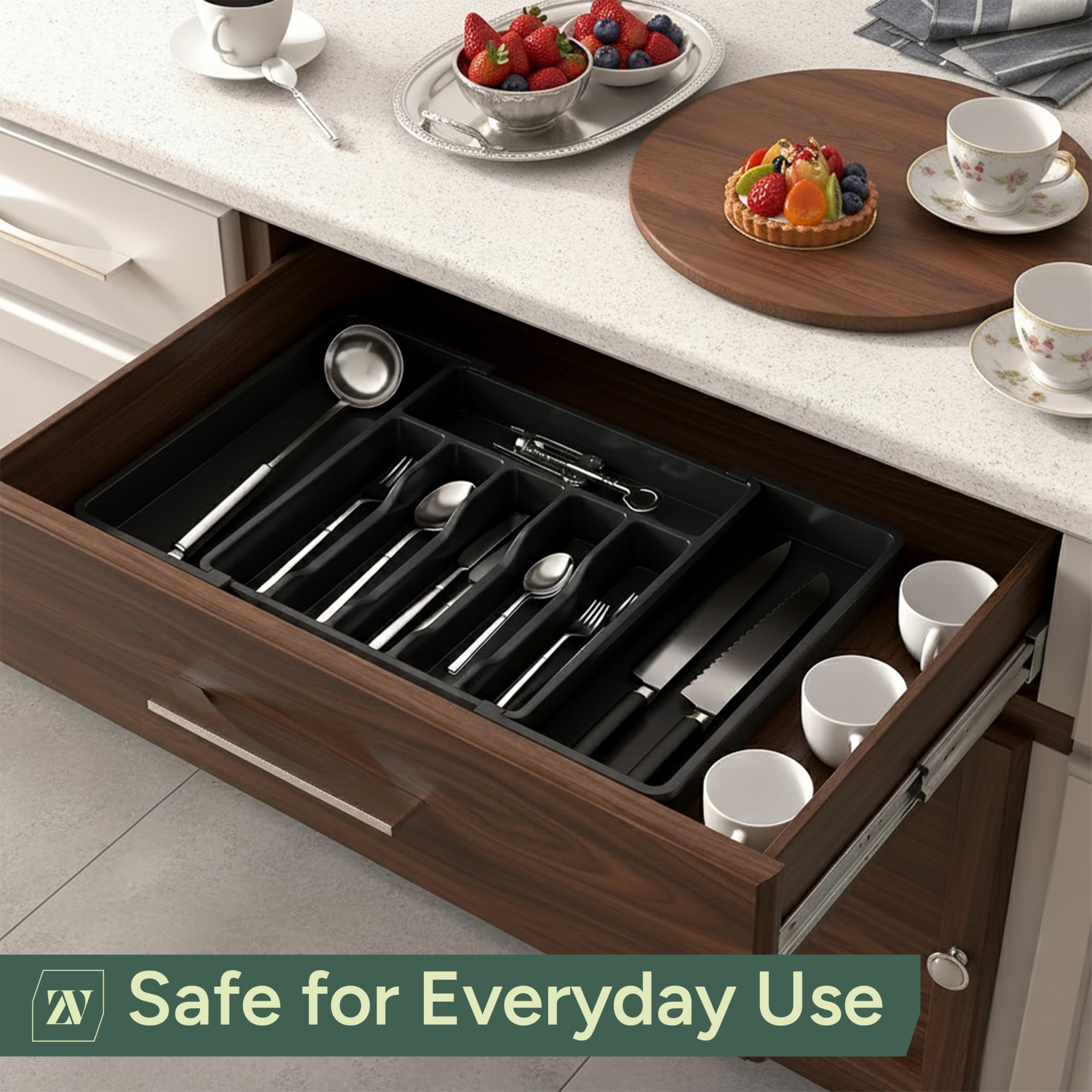 Zuvo Expandable Plastic Cutlery Tray Organiser - Black | 570x380x50mm | Premium Durable Storage 4