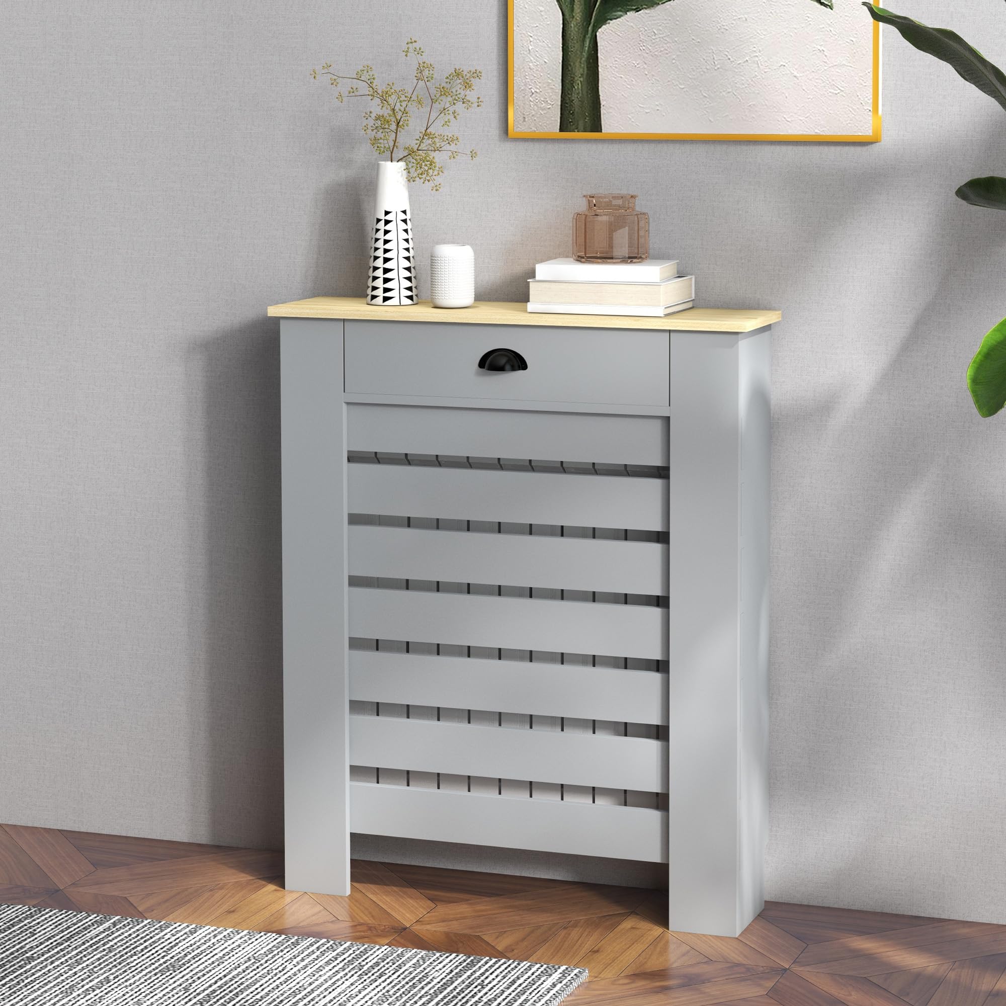 HOMCOM Radiator Cover with Drawer - Horizontal Slatted Grill, Grey Painted M | 78W x 95.5H cm 2