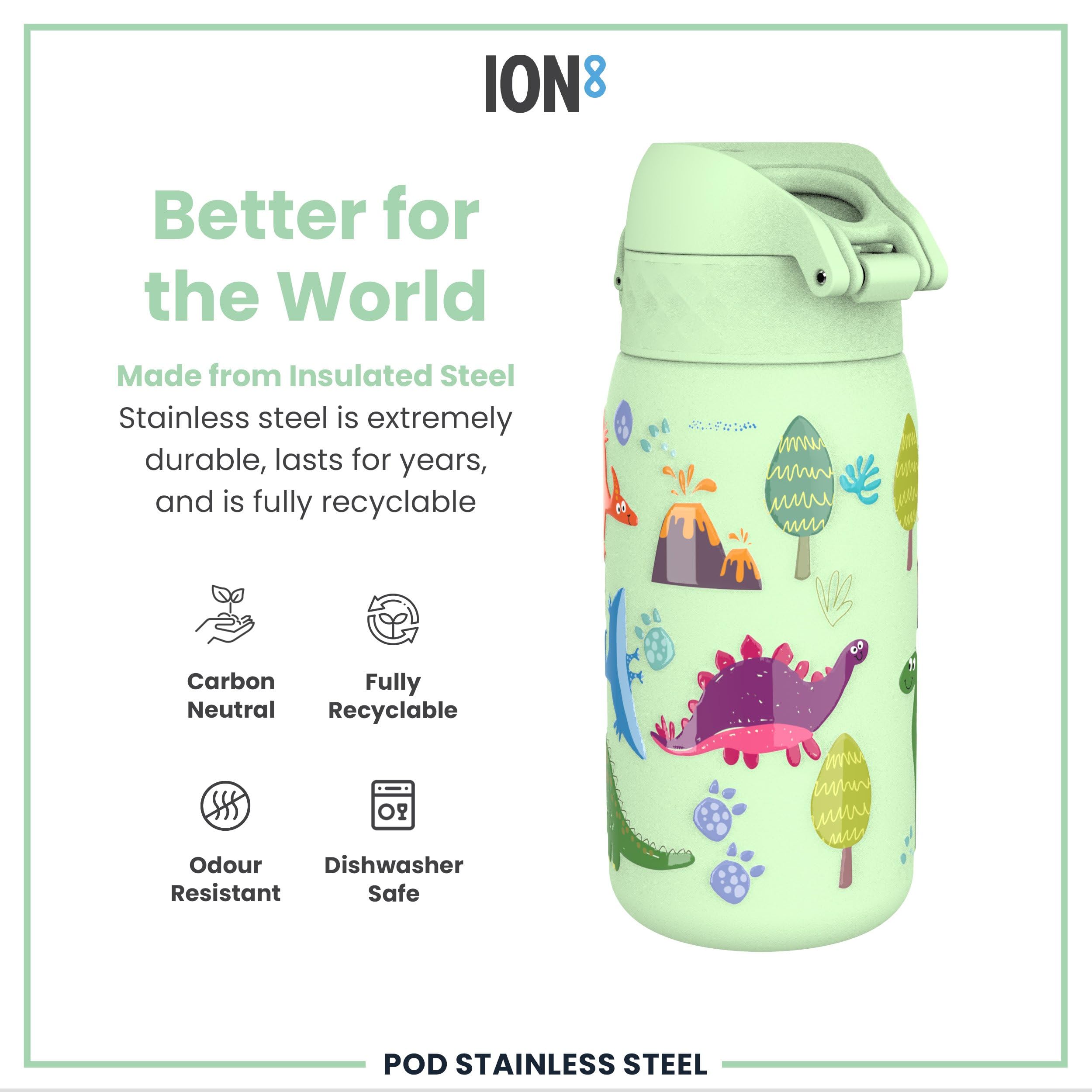 Ion8 Vacuum Insulated Steel Water Bottle - 320 ml/11 oz | Leak Proof | Dinosaurs 5