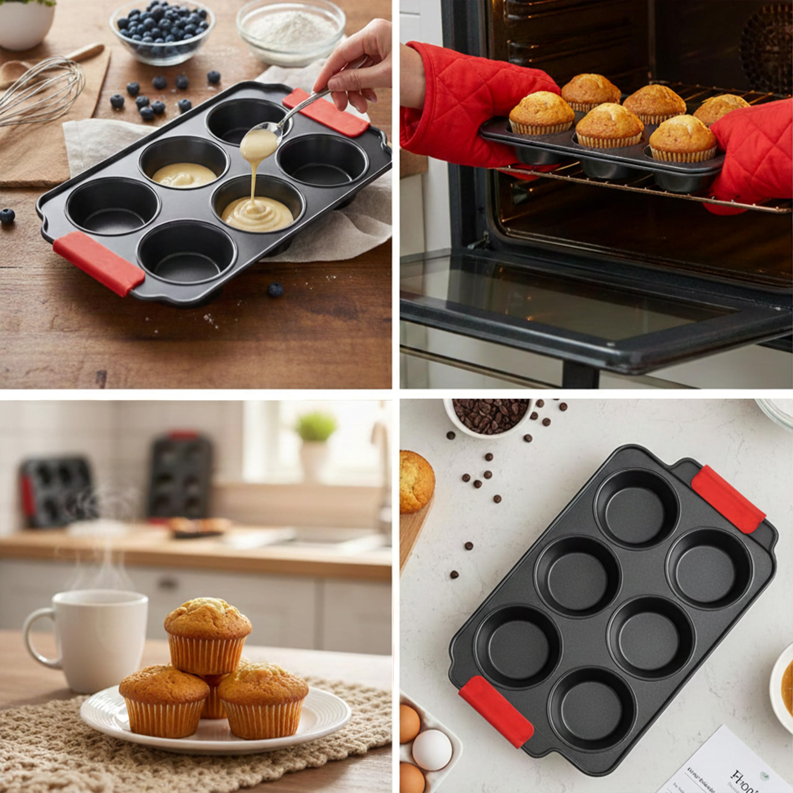 Zuvo Non-Stick 6 Cup Muffin & Cupcake Tin Tray with Silicone Handles | Carbon Steel 7