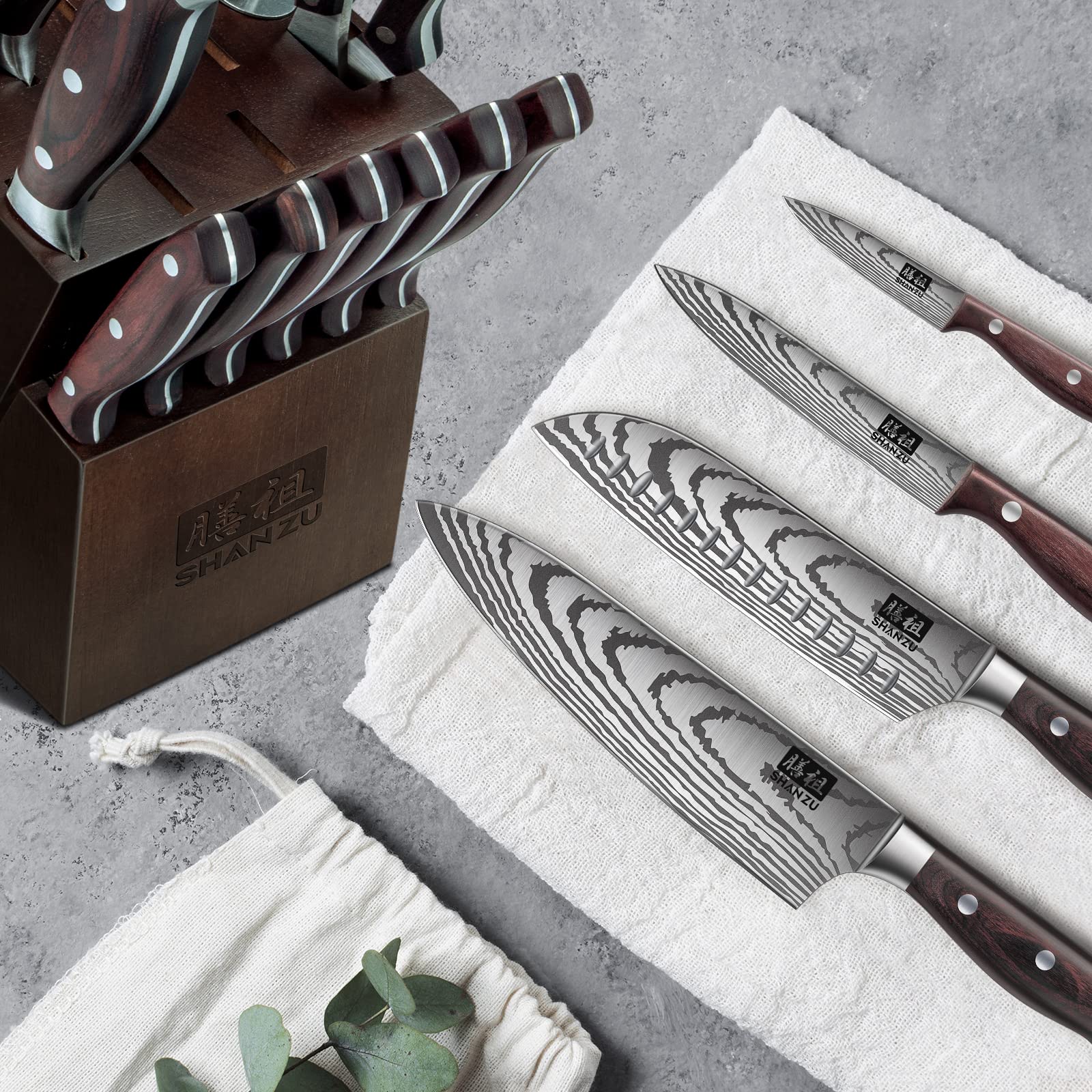 SHAN ZU 16-Piece Japanese Kitchen Knife Set with Block | High Carbon Stainless Steel | Laser Engraved 6