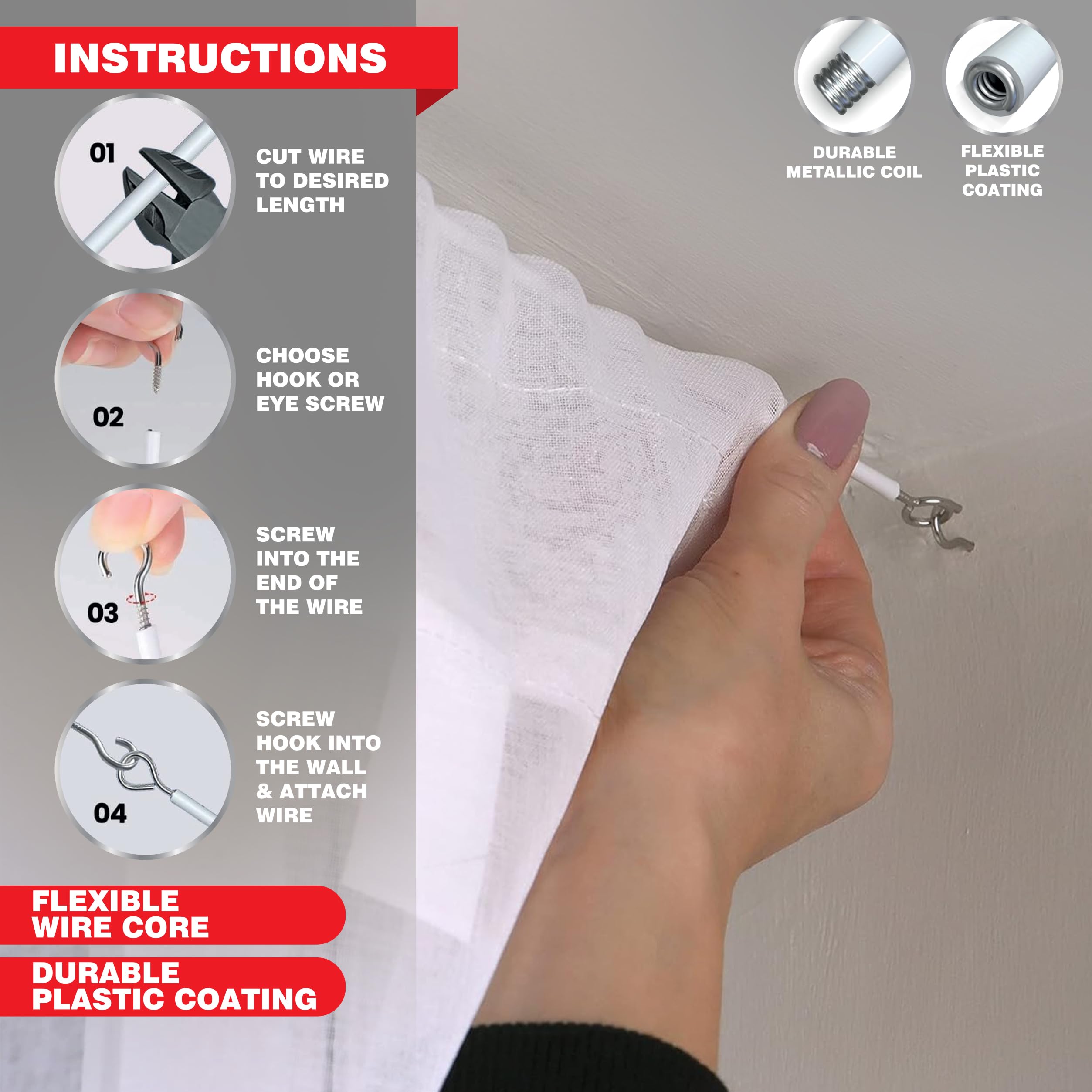 DEKTON 30M Heavy Duty Flexible Curtain Wire for Hanging Curtains, Nets, Voiles | Rust Resistant 3
