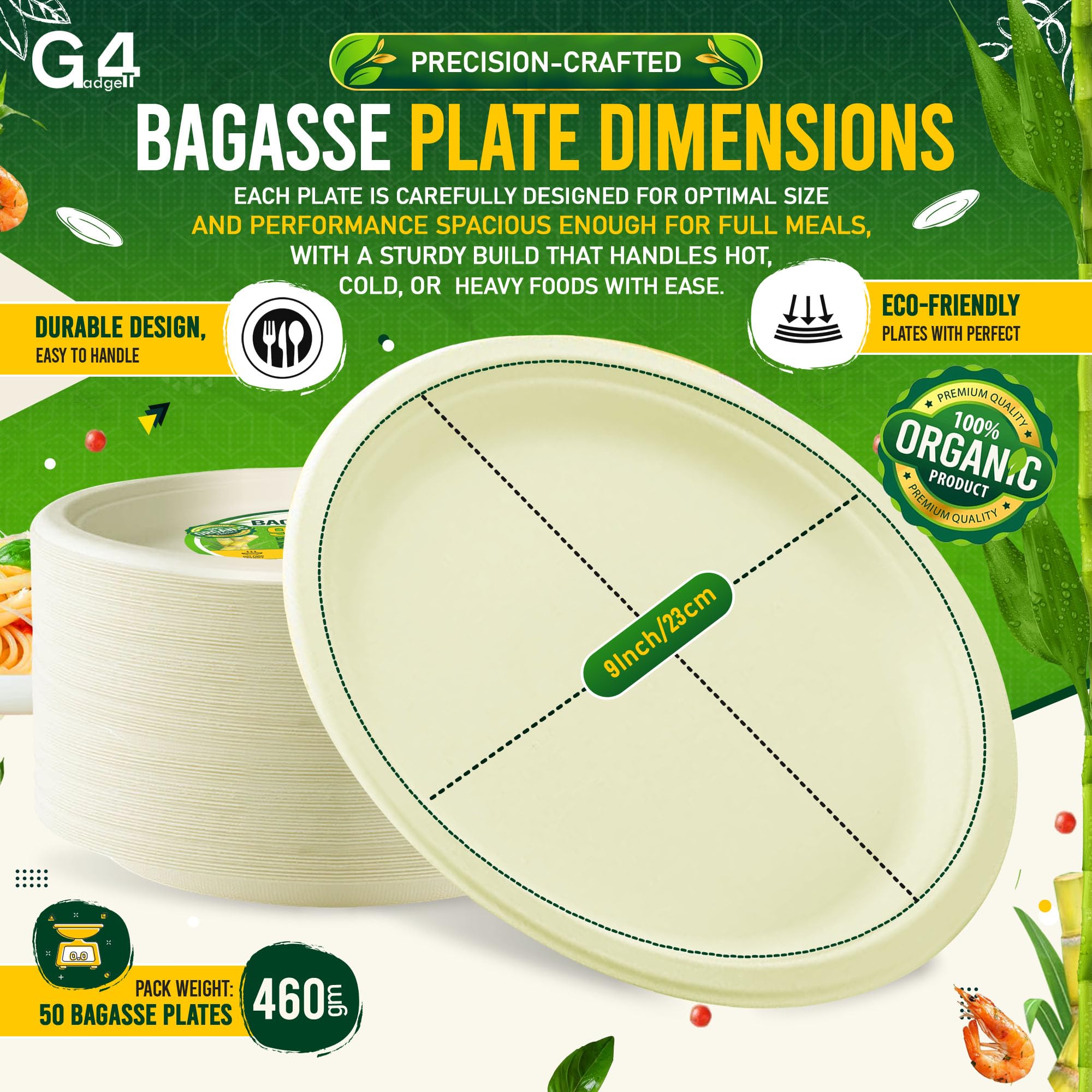 G4GADGET 9 Inch Bagasse Paper Plates - 50 Pack | Eco-Friendly, Microwave & Freezer Safe 4