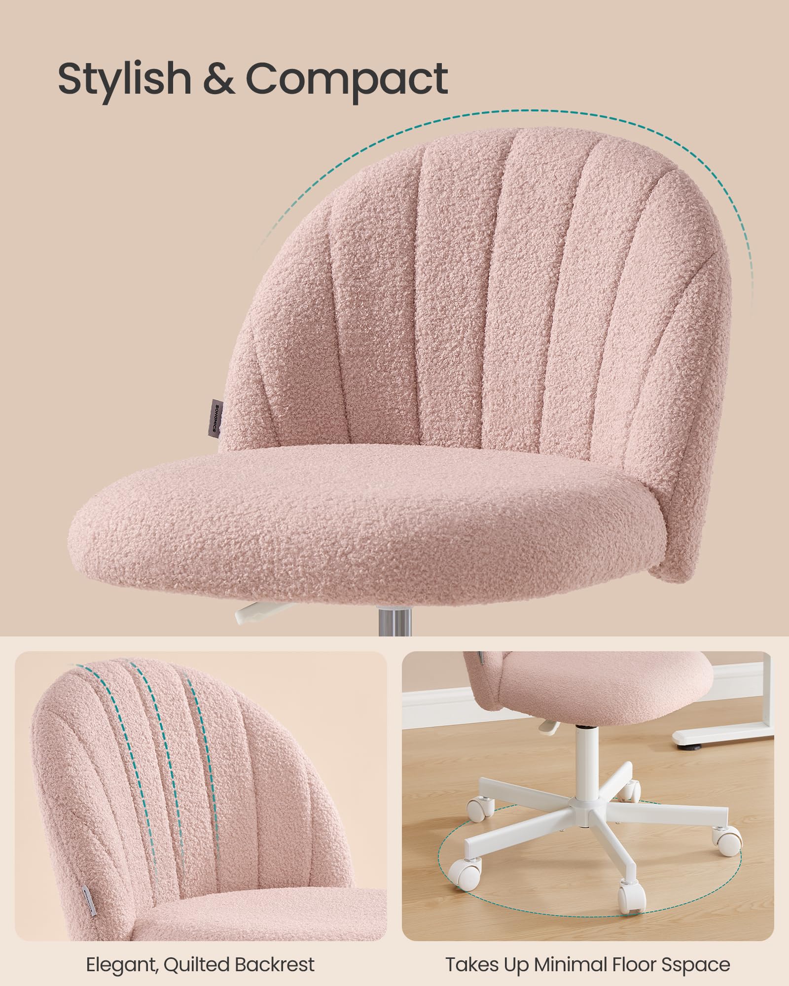 SONGMICS Office Chair - Teddy Fleece Swivel Desk Chair | Height Adjustable | Jelly Pink 5