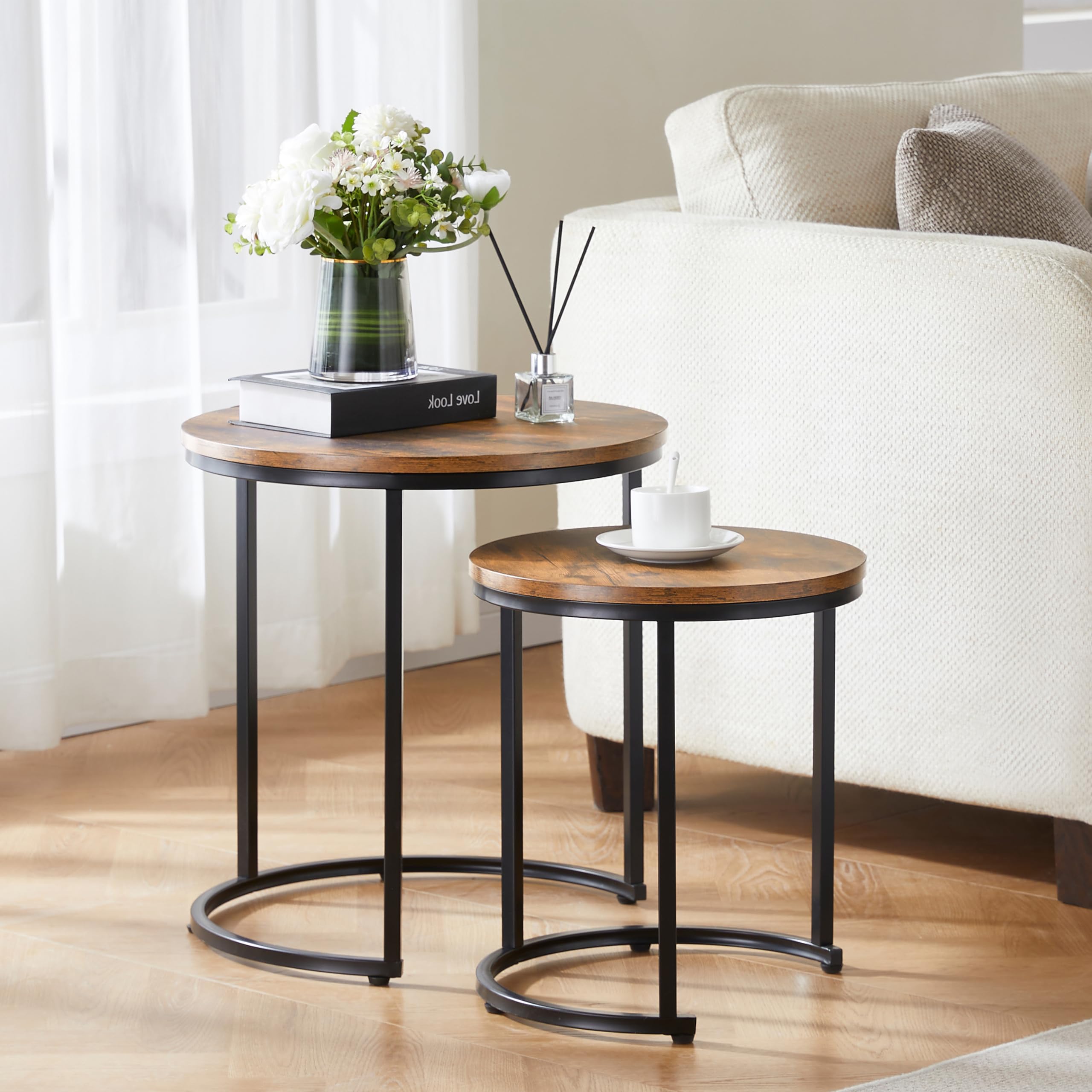 Vida Designs Brooklyn Nest of 2 Round Tables - Industrial Style | Dark Wood | Space Saving 1