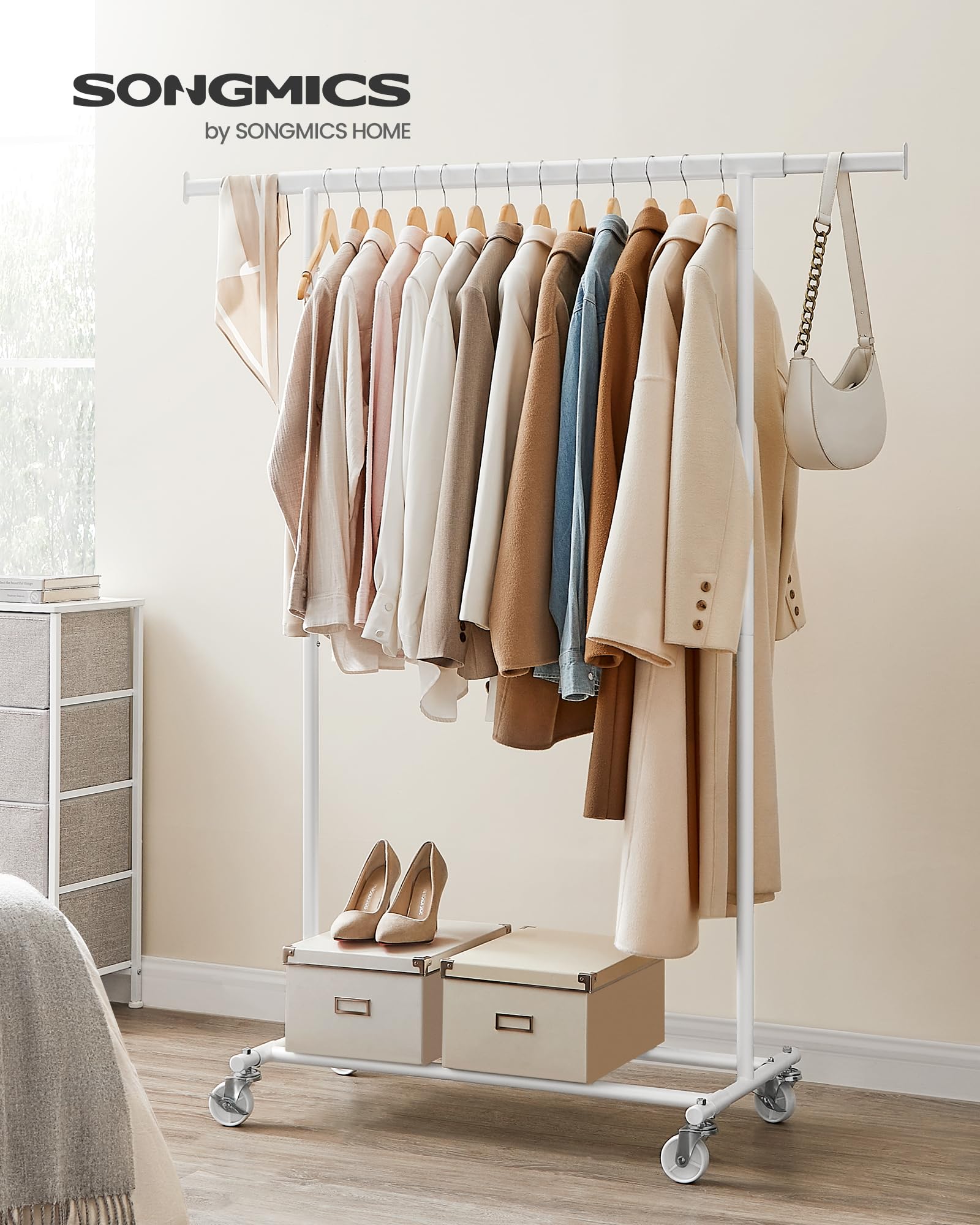SONGMICS Heavy Duty Clothes Rack on Wheels - 100 kg Load Capacity | Extendable Rail (92-132 cm W) | White 7