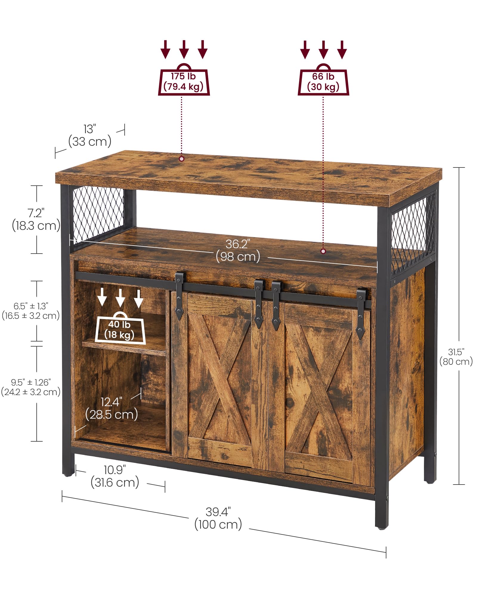 VASAGLE Sideboard Storage Cupboard with 2 Sliding Barn Doors | Rustic Brown & Black | 1000mm Wide 3