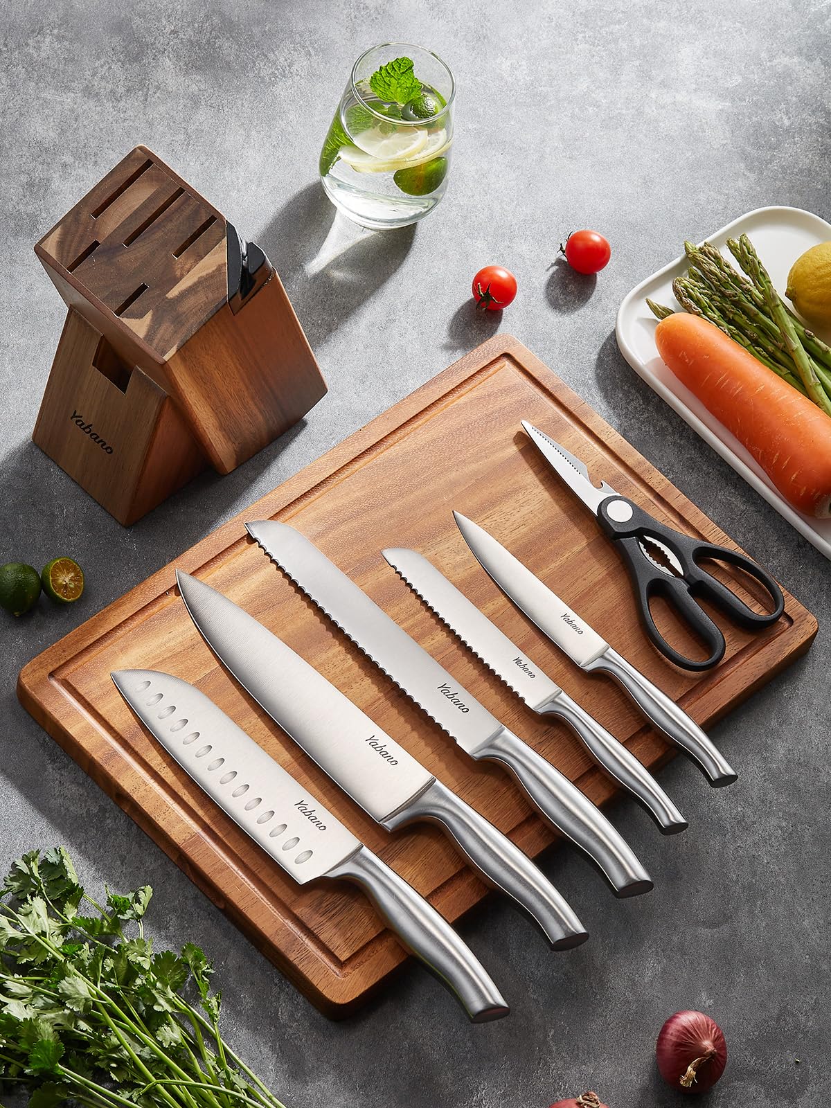 Yabano 7 Piece Kitchen Knife Set with Block | German Stainless Steel | Full-Tang 6