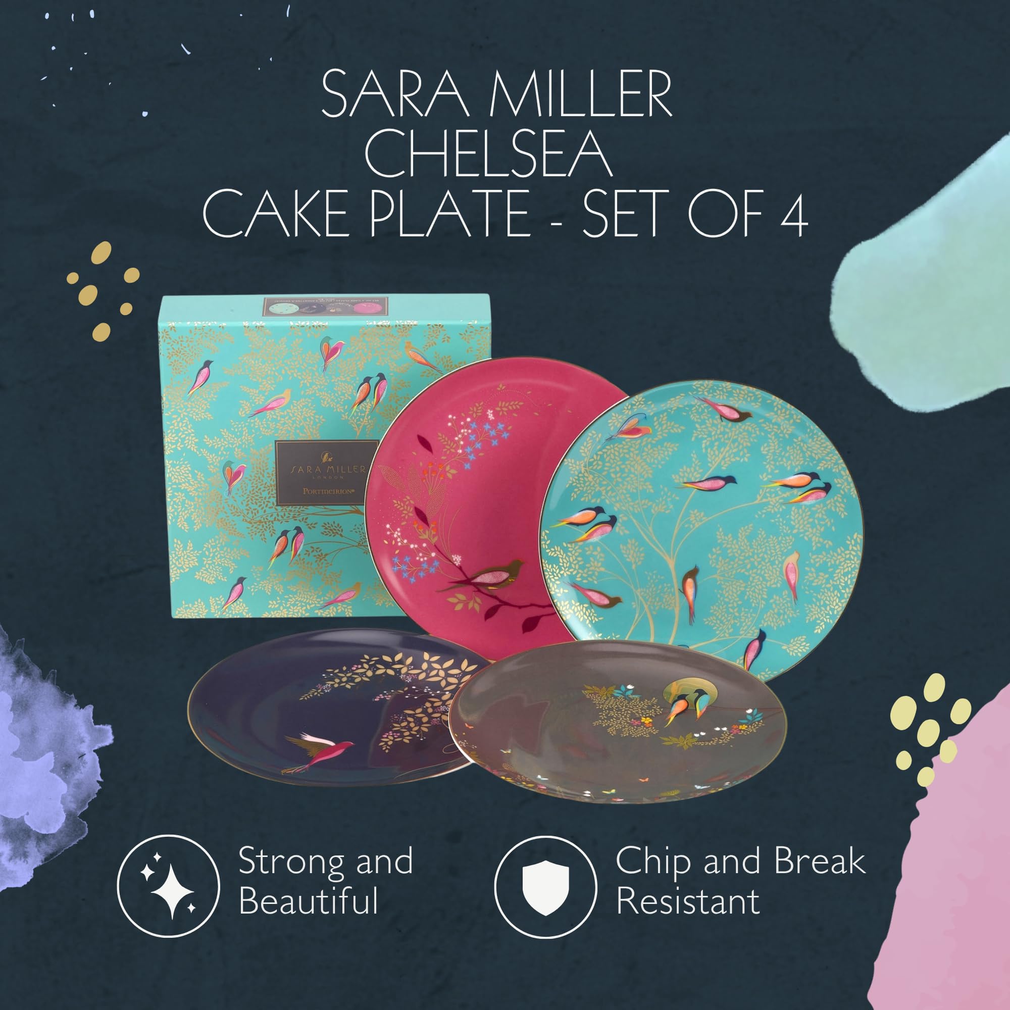 Portmeirion Sara Miller Chelsea Dessert Plates - Fine China with 22ct Gold Detailing | Set of 4 2