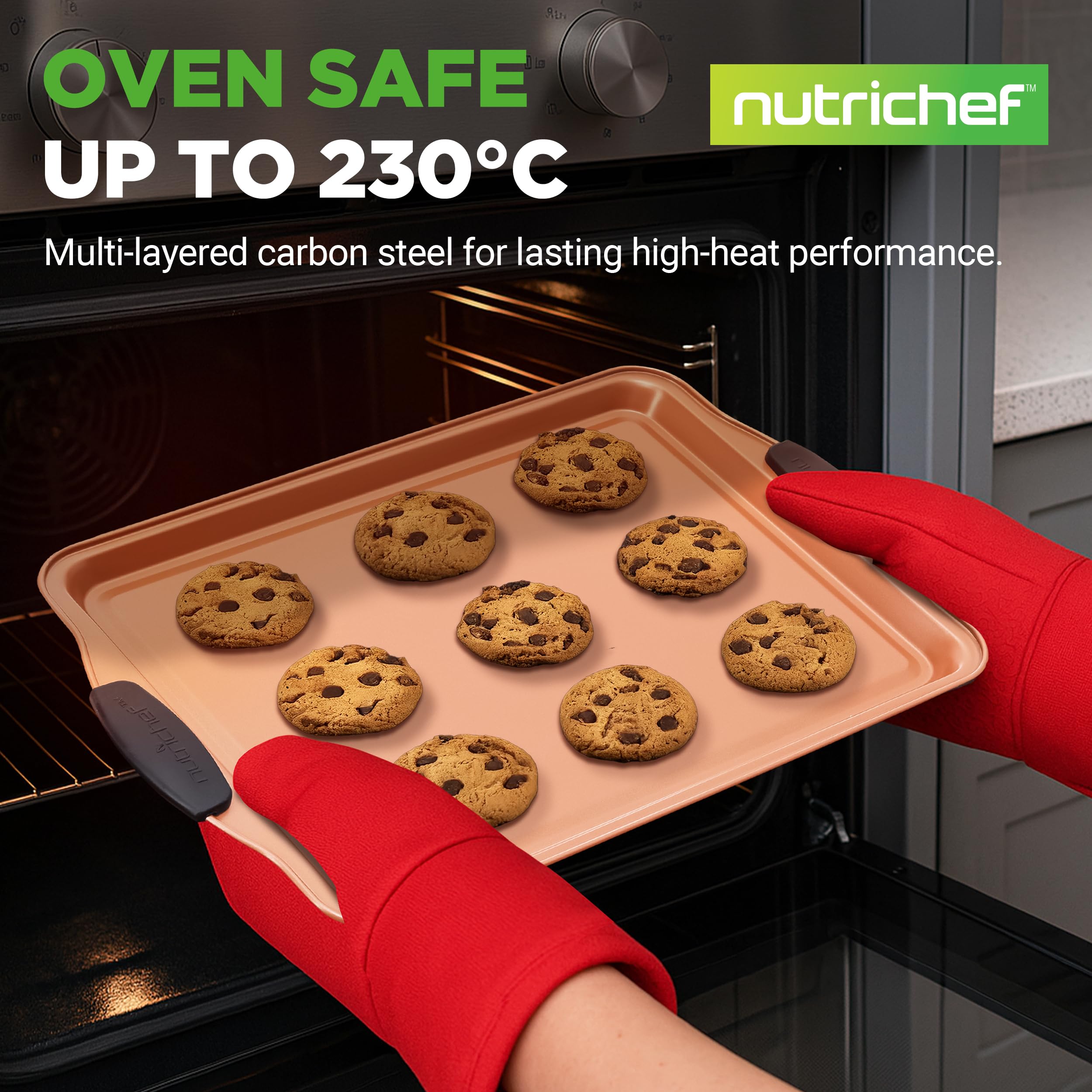 NutriChef 3-Piece Non-Stick Carbon Steel Baking Tray Set with Silicone Handles | Oven Safe to 230°C 2