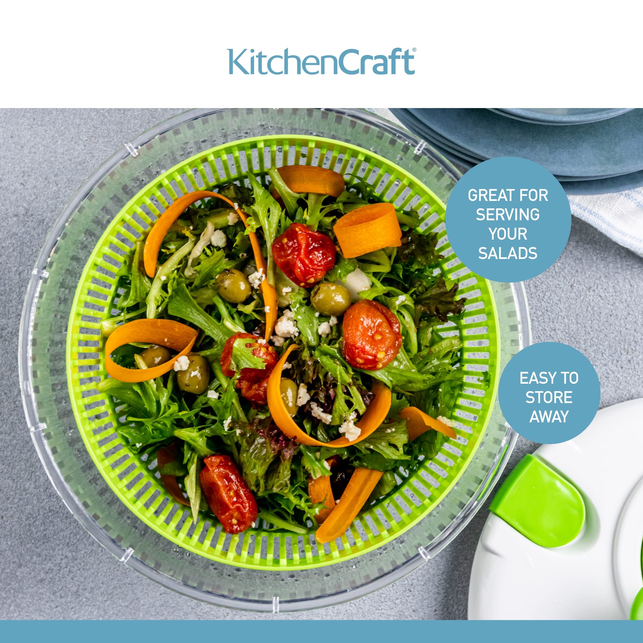 KitchenCraft Deluxe Salad Spinner and Dresser - Large Size, BPA Free Plastic, White/Green 6