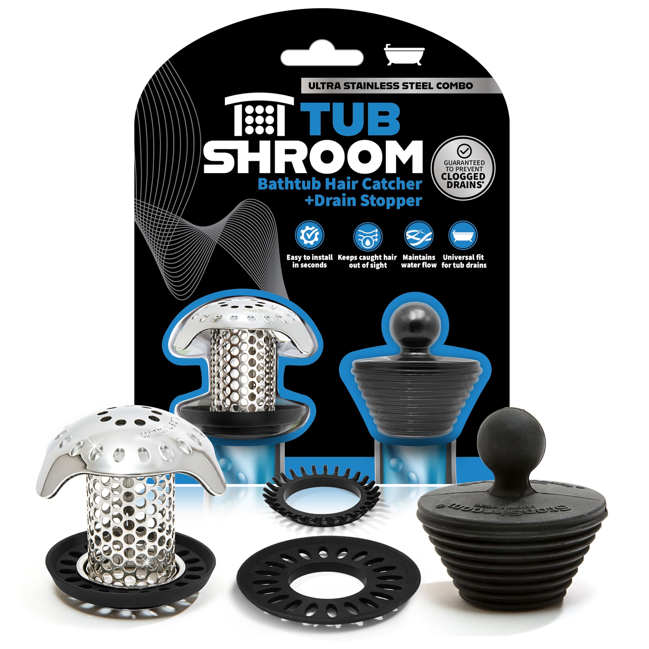 TubShroom Ultra Hair Catcher Drain Protector Platinum Bundle | Stainless Steel & Silicone | Patented Design 1
