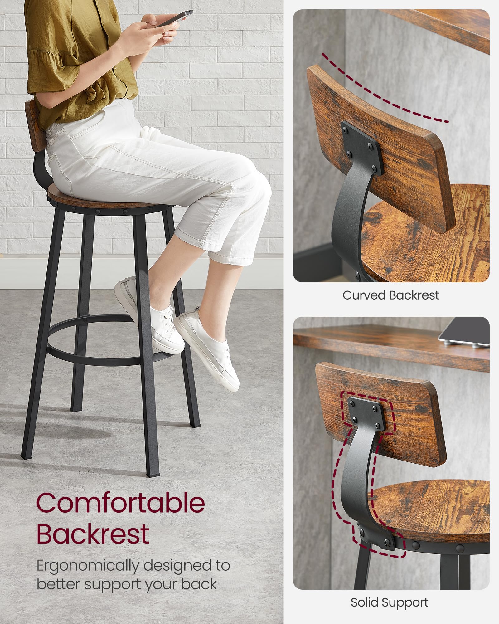 VASAGLE Bar Stools Set of 2 - Industrial Style with Backrest | Rustic Brown & Black | 100kg Capacity 5