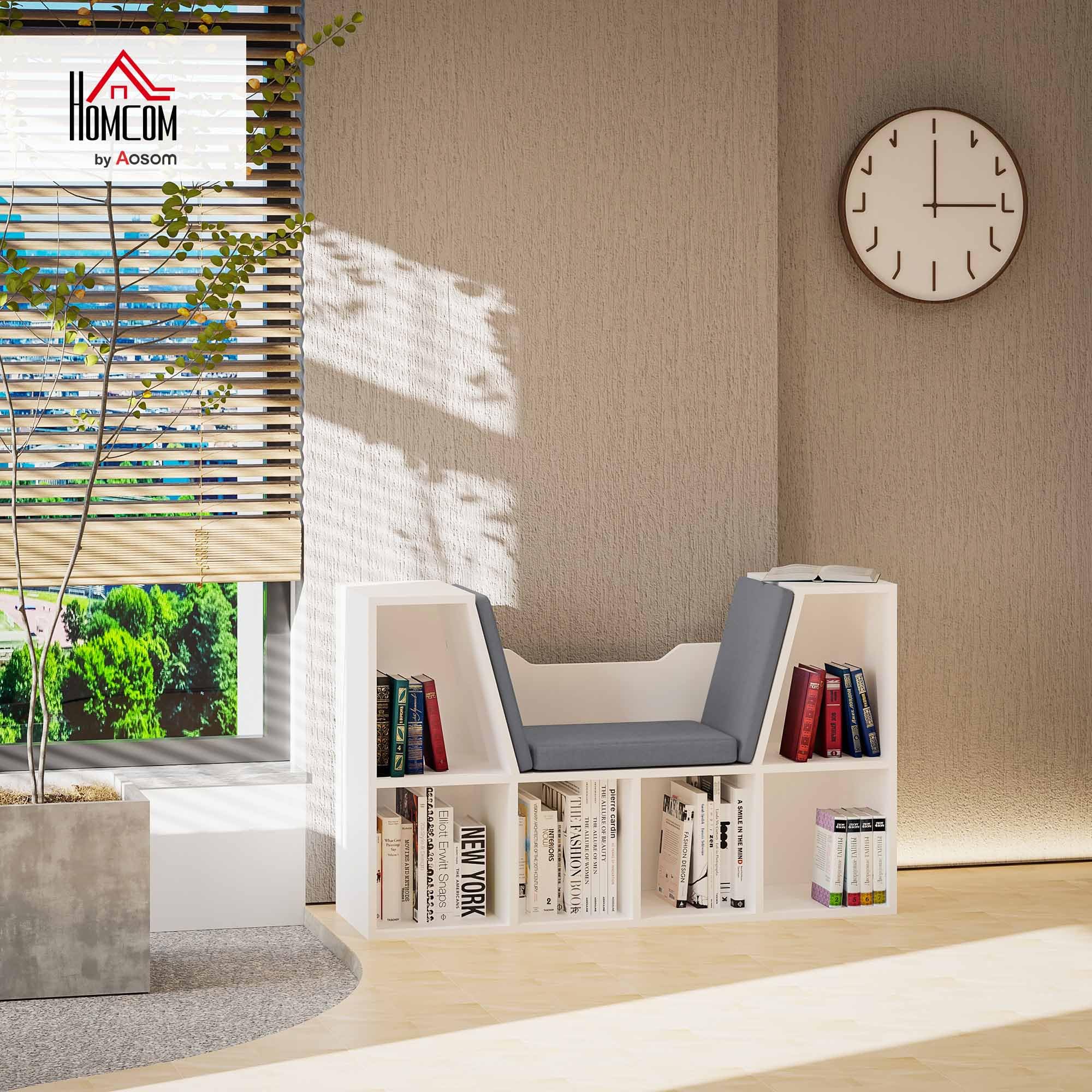 HOMCOM Bookcase Storage Shelf with Cushioned Reading Seat | 6 Cubbies | White Engineered Wood