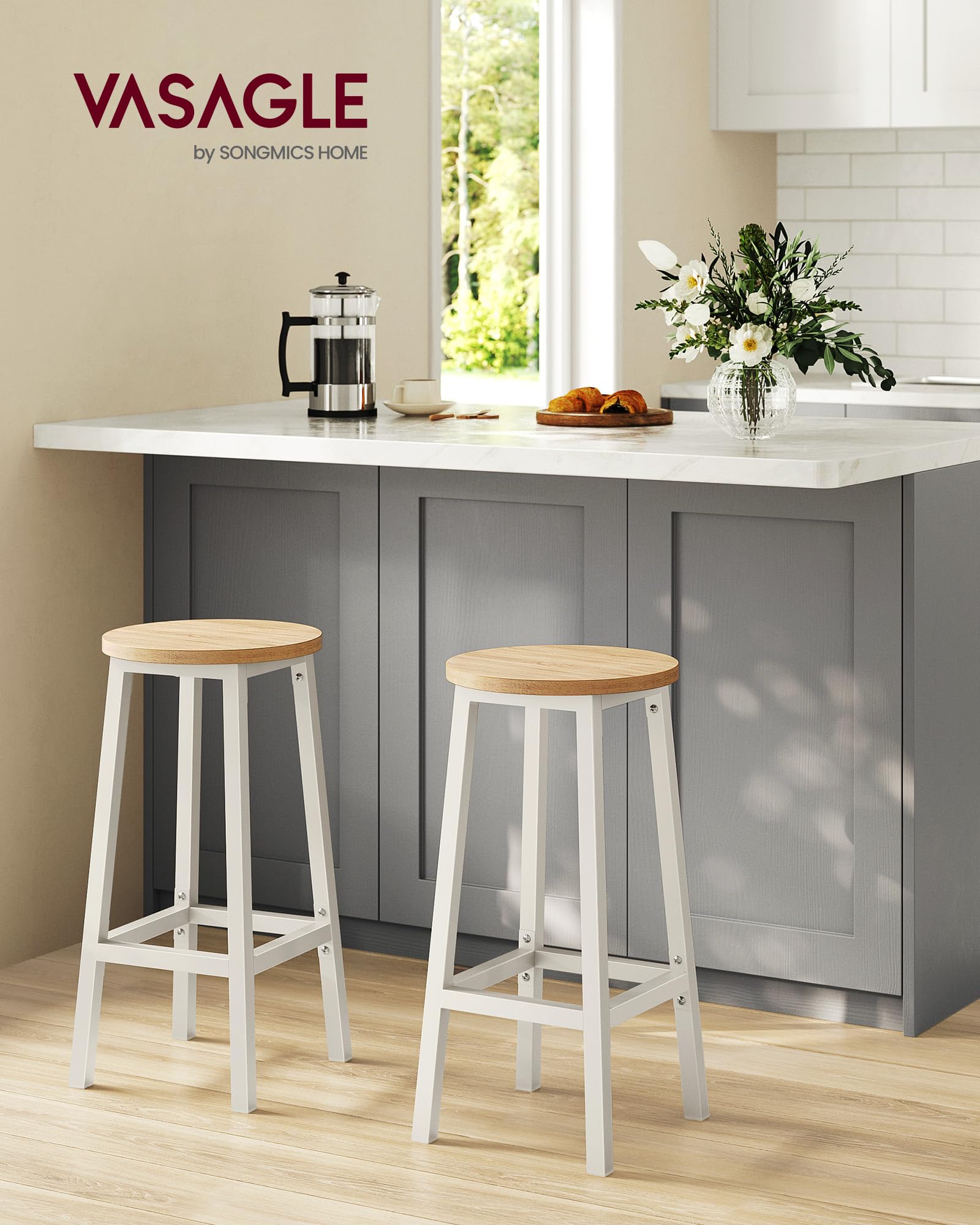 VASAGLE Bar Stools Set of 2 - Classic Beige & White Oak | Metal Frame | Footrest | Easy Assembly 2