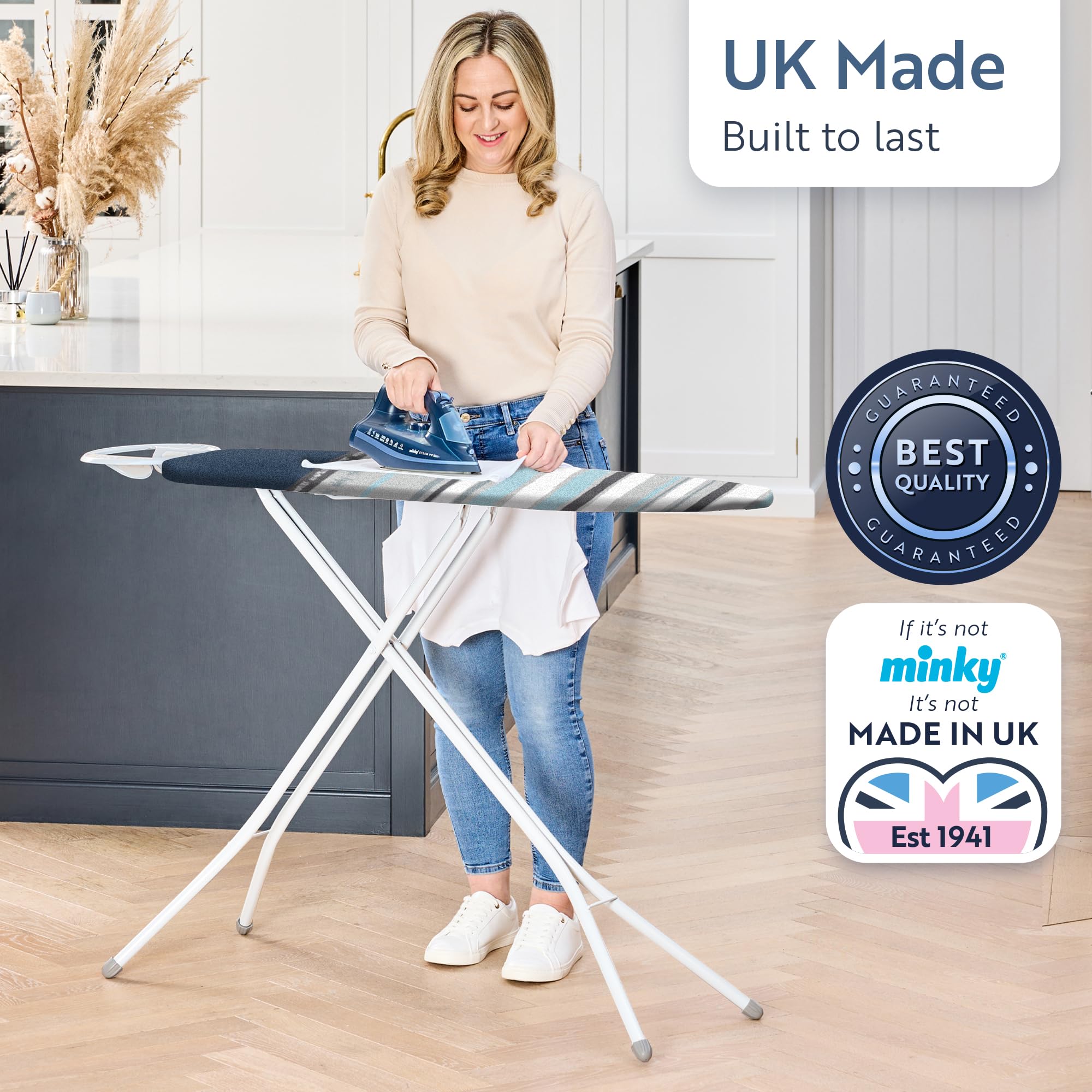 Minky Large Premium Ironing Board - 122 x 38cm Surface | Multi-Height up to 96cm | UK Made 8