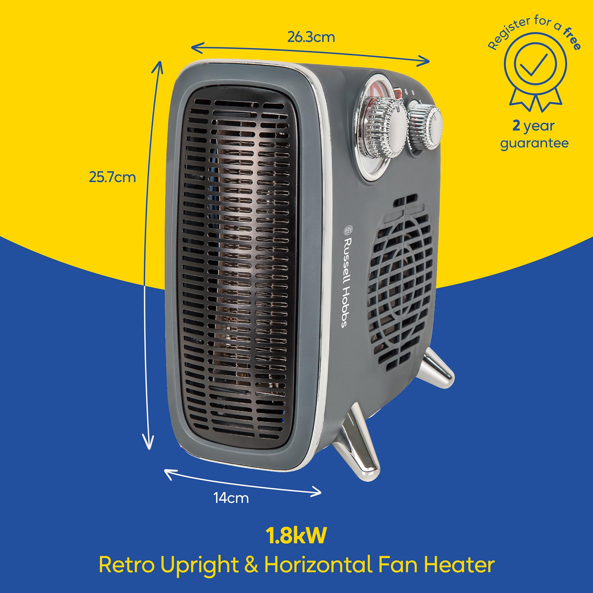 Russell Hobbs Retro Electric Fan Heater - 1.8KW | Adjustable Thermostat | Grey | RHRETHFH1001G 2