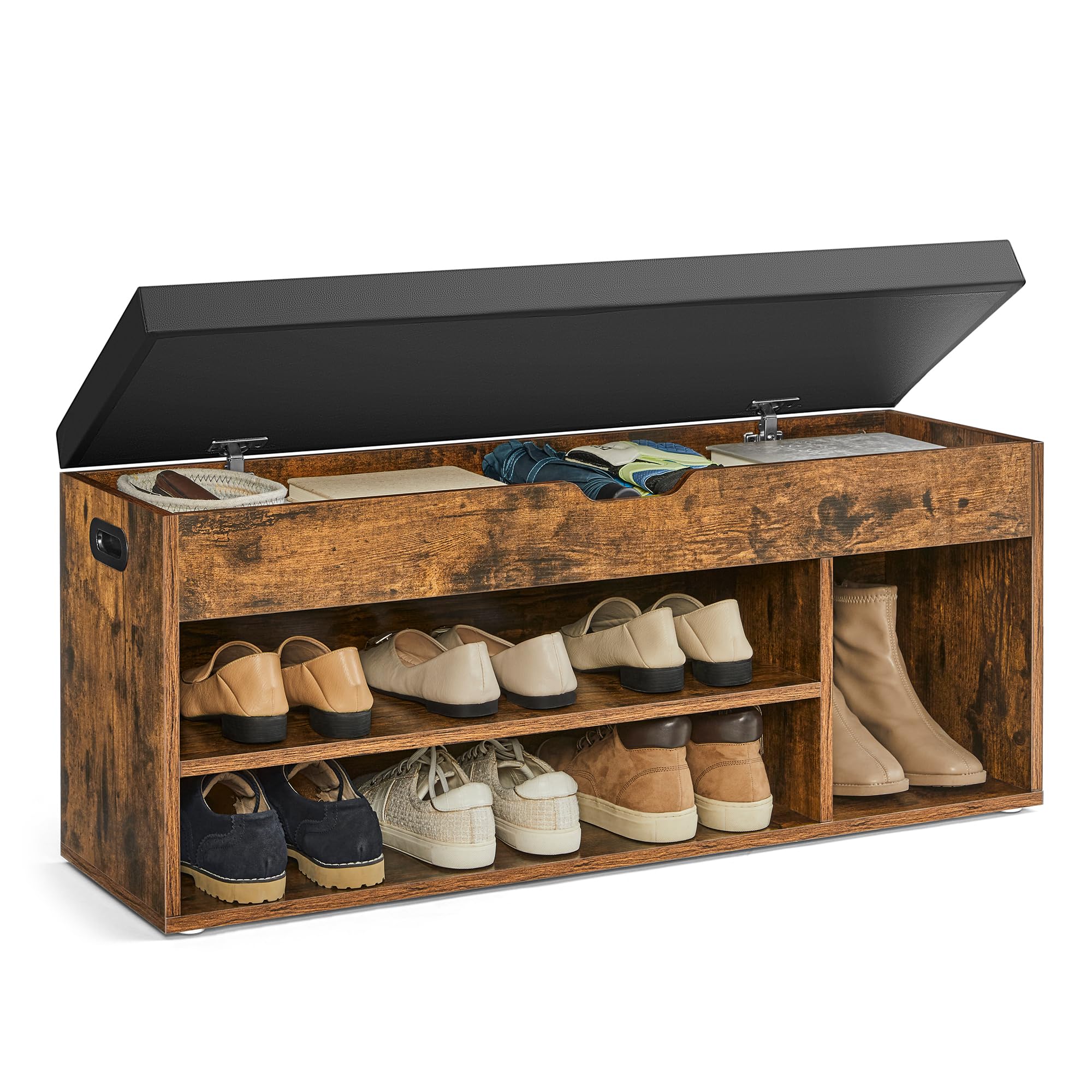 VASAGLE Shoe Storage Bench with Padded Seat | 3 Compartments | 150 kg Capacity | Rustic Brown