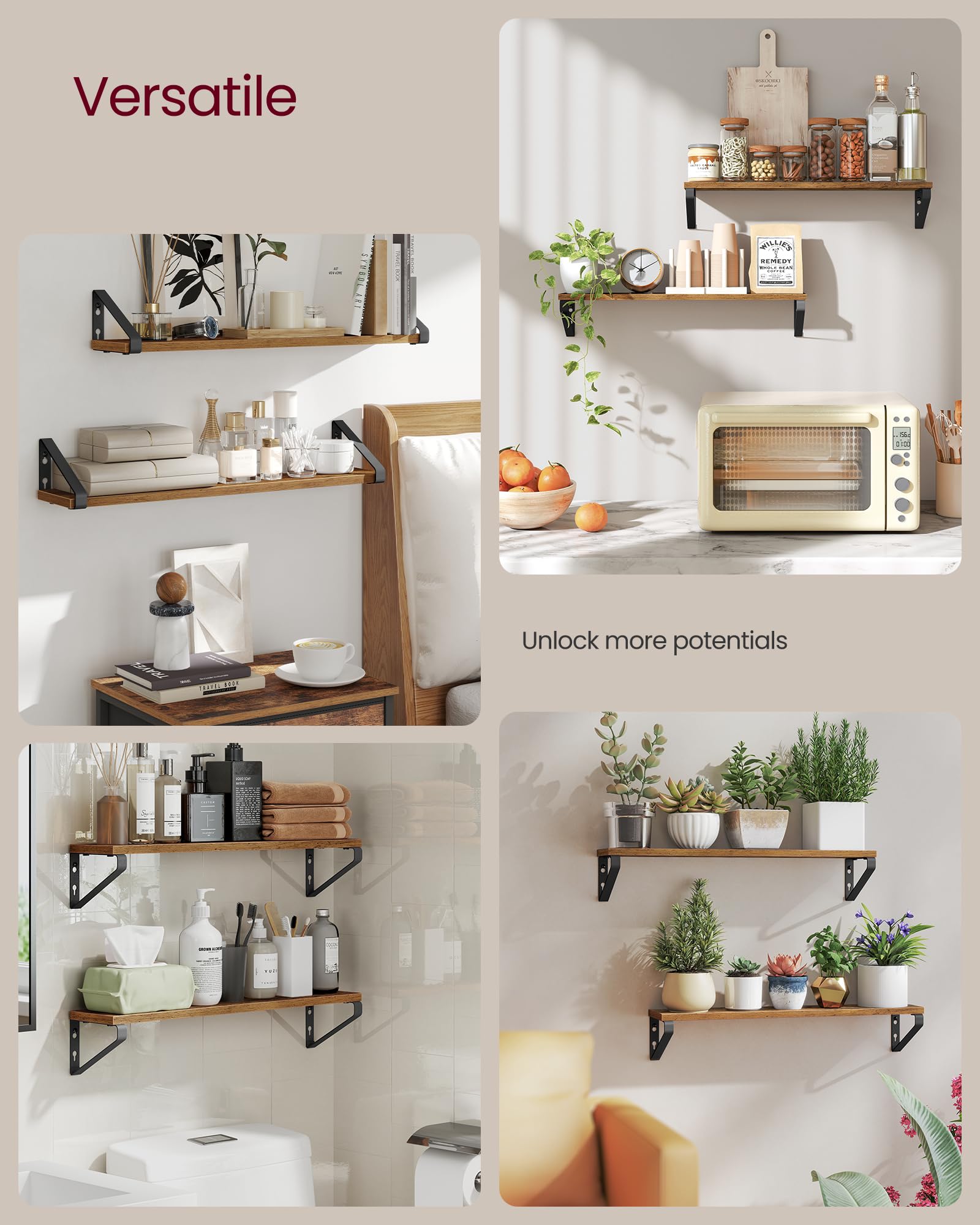 VASAGLE Floating Wall Shelves - Set of 2 Rustic Brown Shelves | Heavy Duty Steel Brackets | 22 lb Capacity 4
