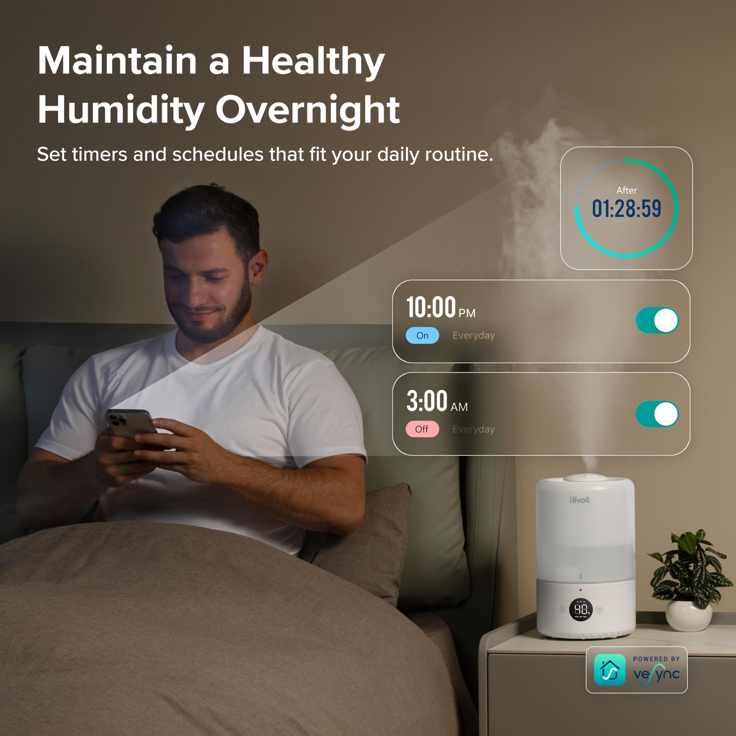 Levoit Smart Cool Mist Top Fill Humidifier with Sensor | 3L Capacity | Up to 25 Hr Run Time 4