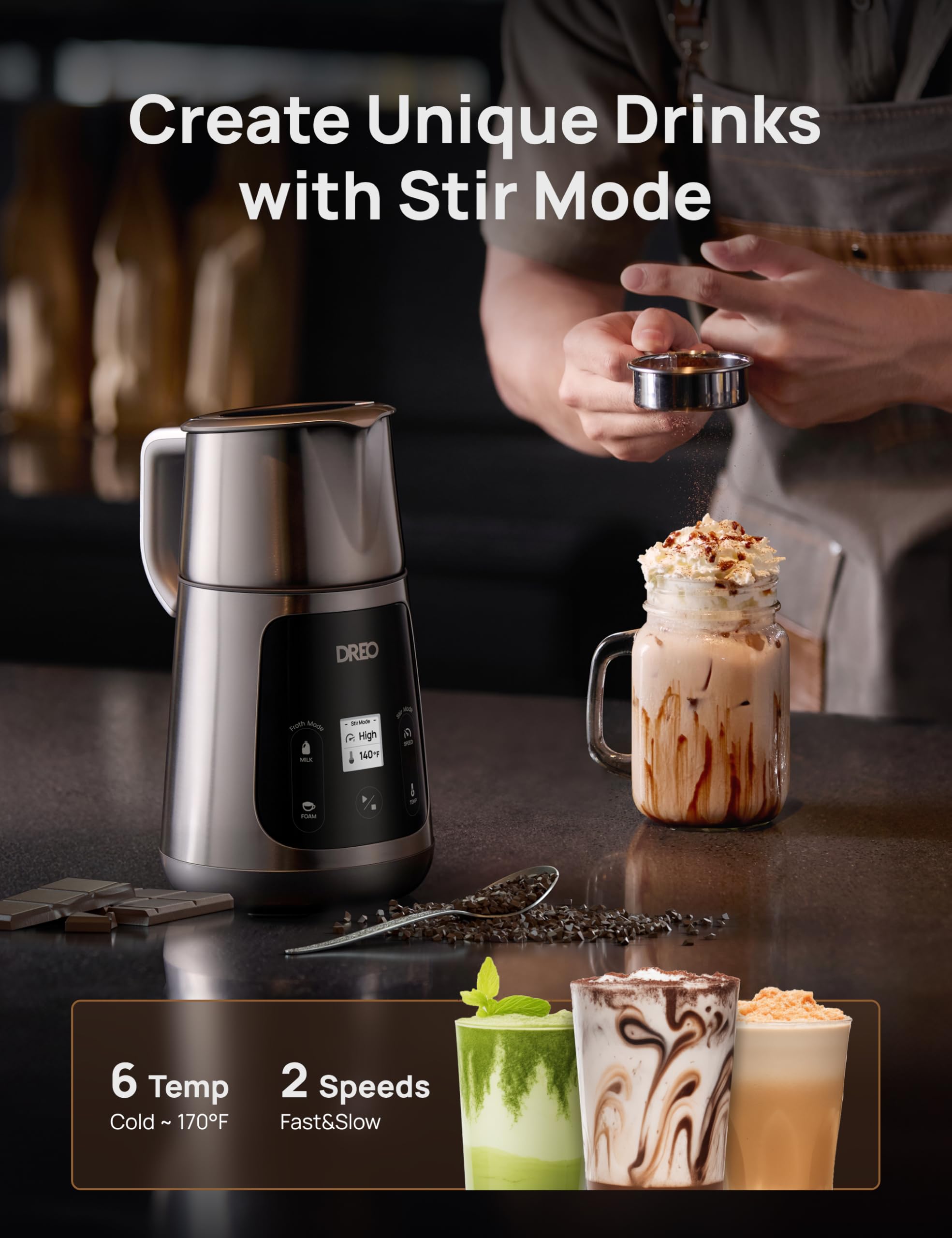 Dreo All-in-1 Automatic Milk Frother and Hot Chocolate Maker | 3 Microfoam Options | Stainless Steel 6