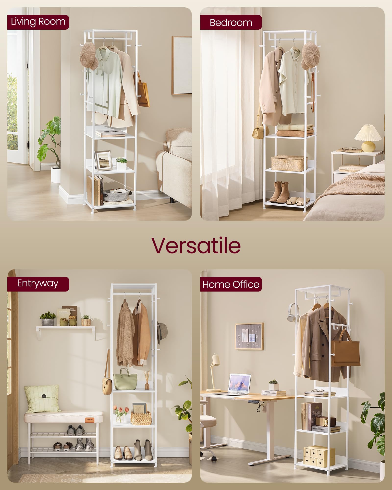 VASAGLE Clothes Rack Stand - 4 Shelves, Hanging Rail, Hooks | Cloud White | 30.5 x 47 x 180 cm 6