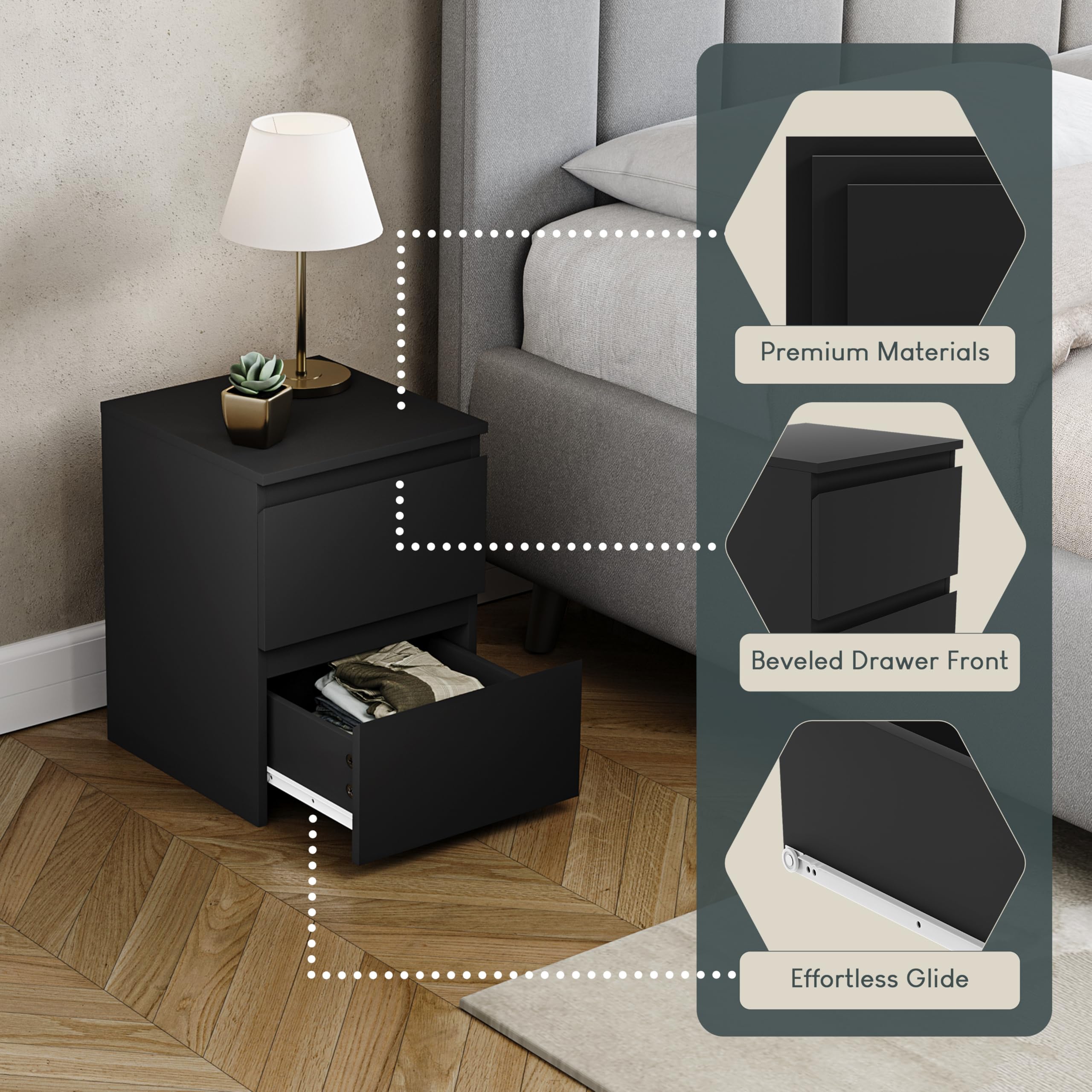 Vida Designs Denver 2 Drawer Bedside Chest - Modern Style | Black Finish | H: 40 x W: 29.5 cm 6