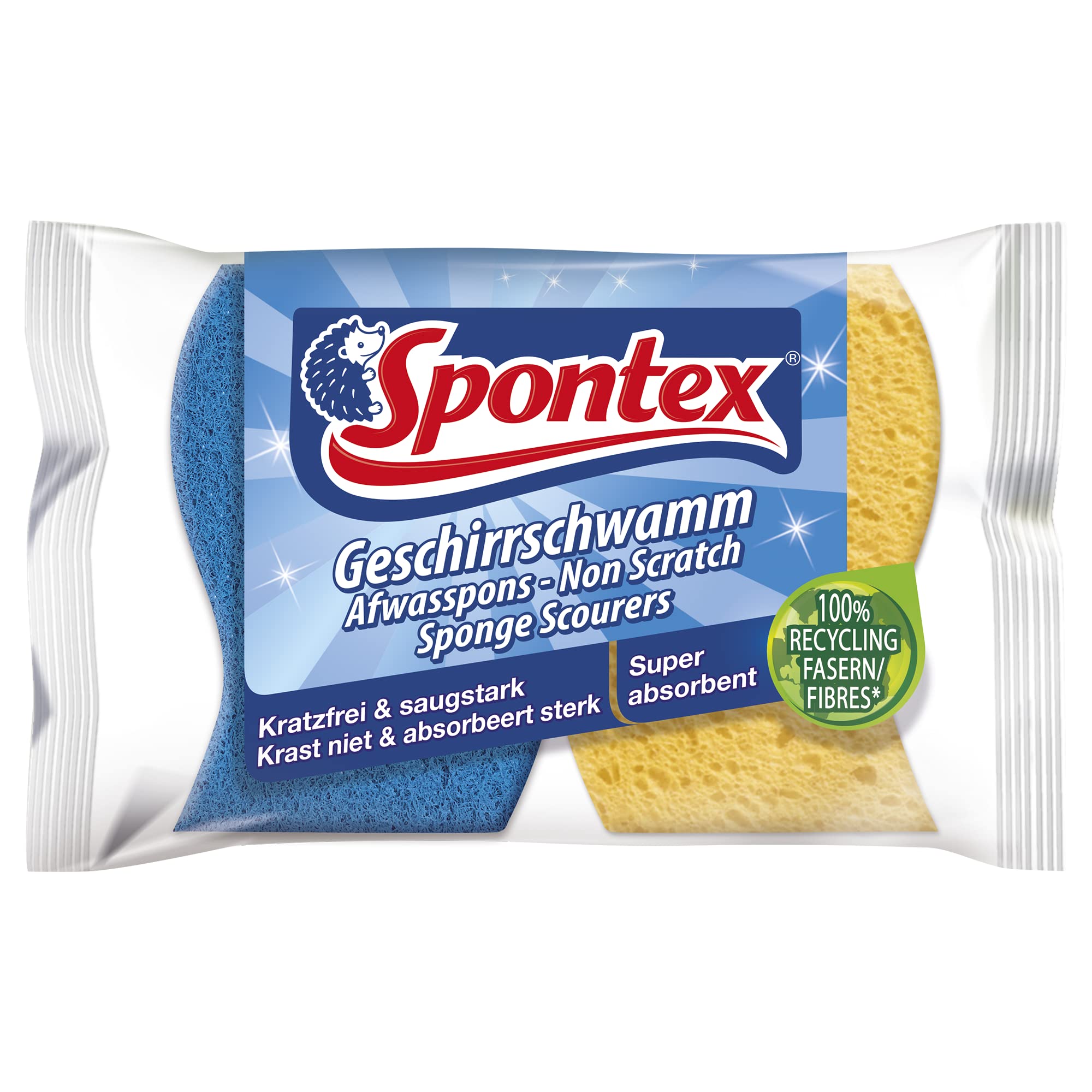 Spontex Non Scratch Super Absorbent Sponge Scourers - Pack of 2 Yellow Sponge Blue Scourer 1