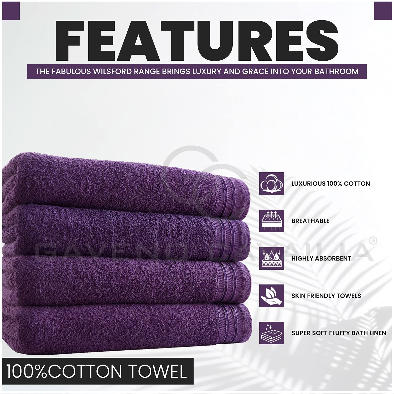 GC GAVENO CAVAILIA Wilsford Bath Sheets - 4 Pack Egyptian Cotton, 75x135 cm, 450 GSM, Purple 2