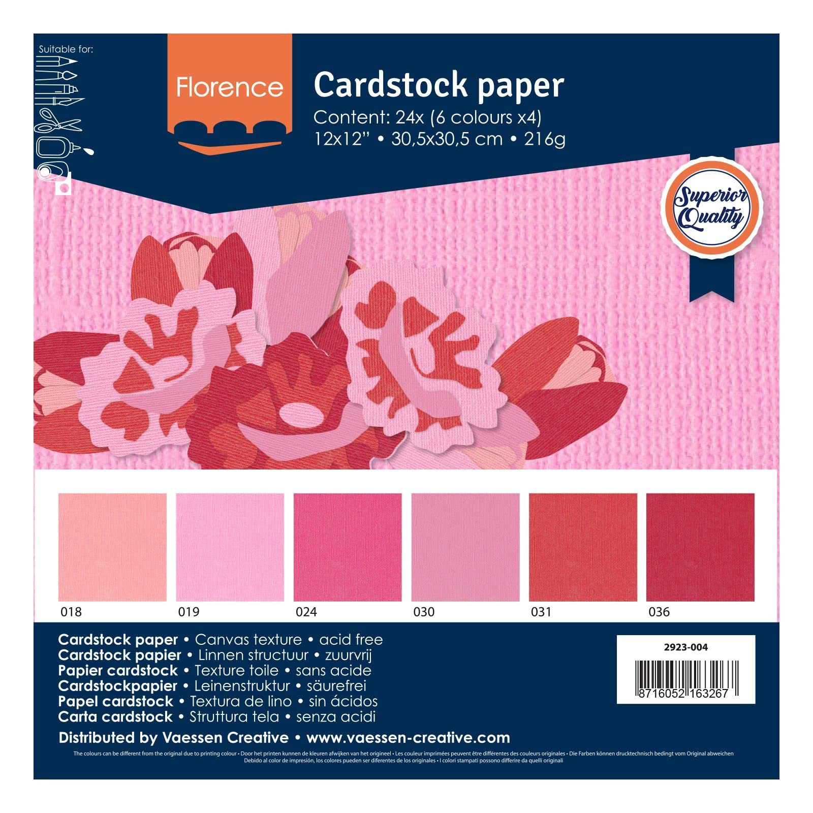 Vaessen Creative Florence Decorative Paper - 216gsm Pink Cardstock | 24 Sheets 12x12 Inch 5