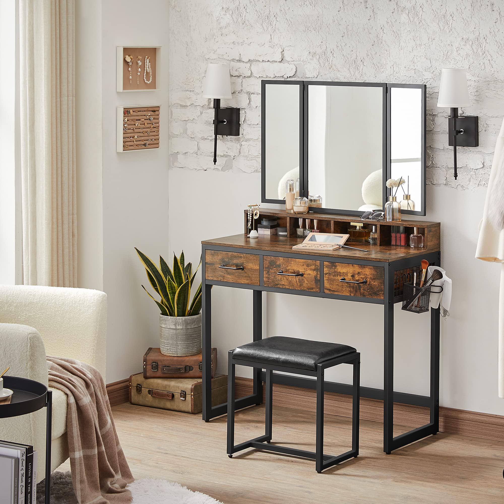 VASAGLE Dressing Table with Tri-Fold Mirror and Stool | 3 Drawers | Industrial Style | Rustic Brown/Black 3