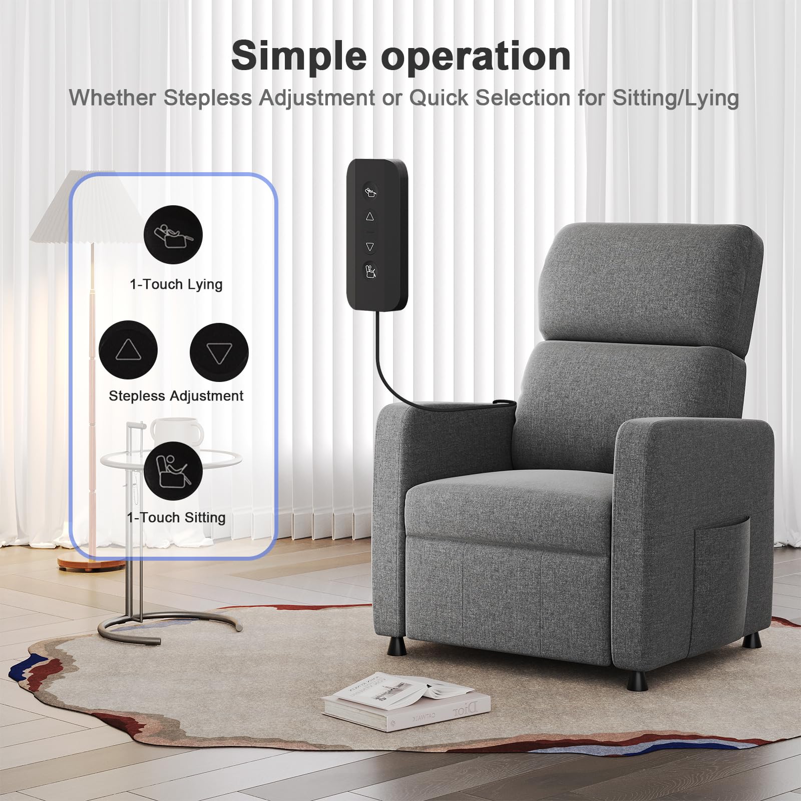 JUMMICO Electric Recliner Armchair - Grey Fabric, Stepless Adjustment up to 155° 3