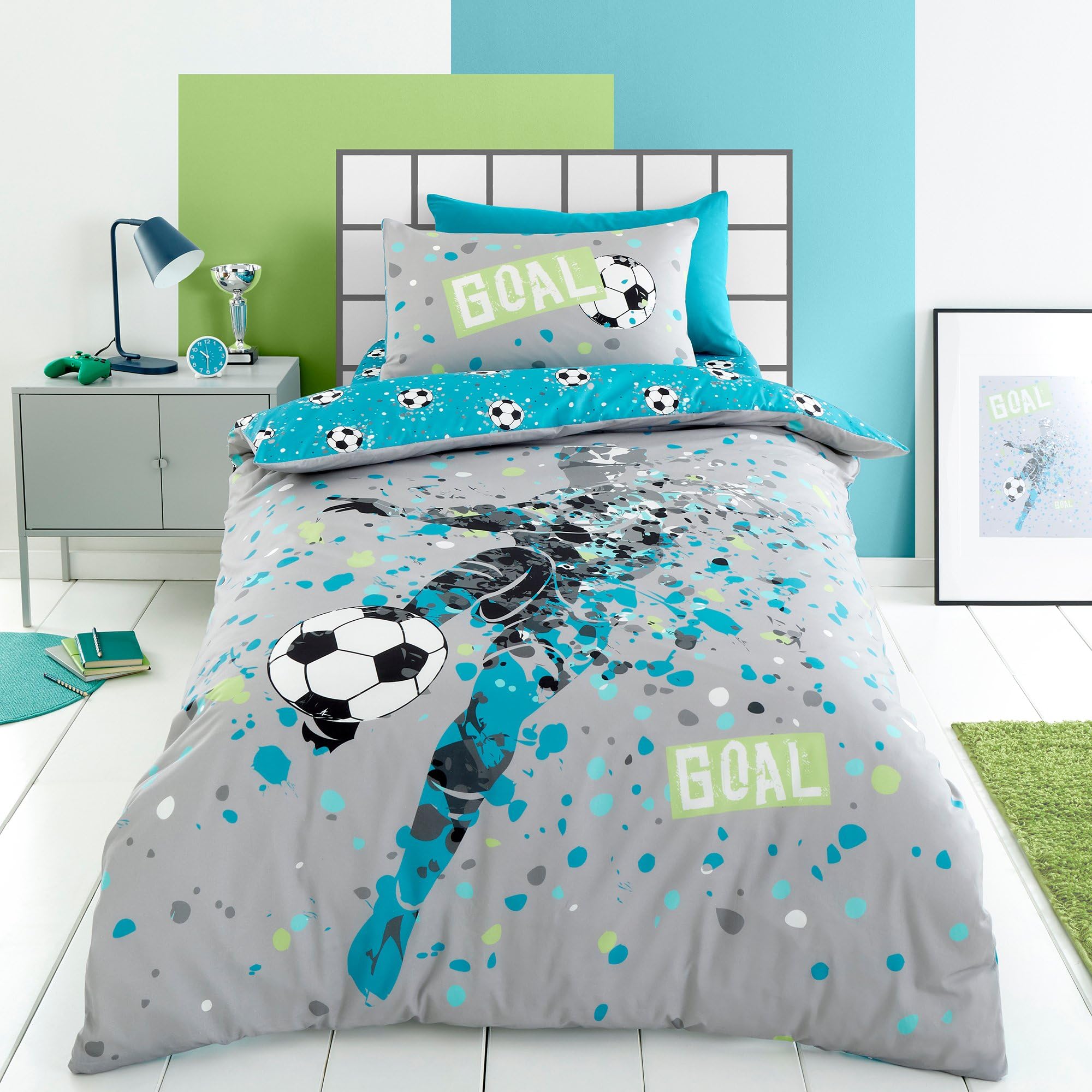 Bedlam Football Duvet Cover Set - Single Size 140x200cm - Grey with Teal Reverse 1