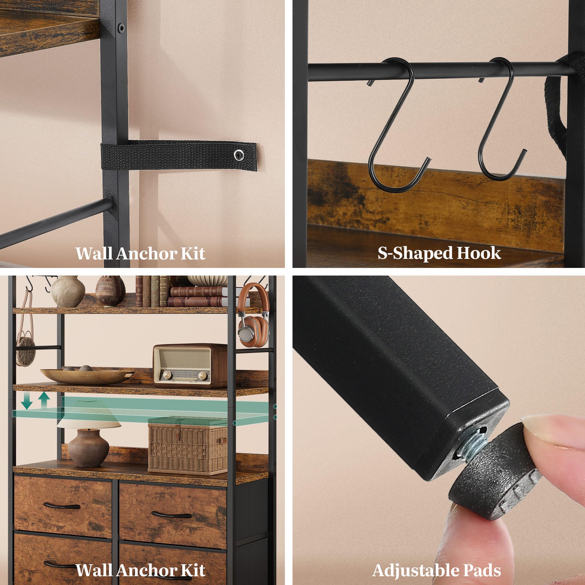 YITAHOME Industrial Bookshelf - 4-Tier with Adjustable Shelves & Drawers | Rustic Brown 6