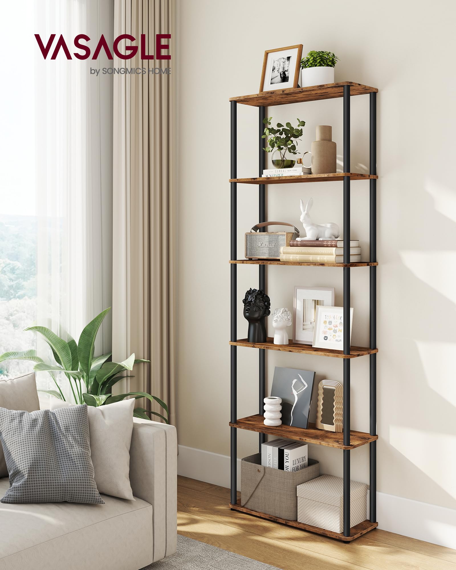 VASAGLE 6-Tier Standing Shelf Unit - Toolless Assembly | 48kg Max Load | Rustic Brown/Ink Black 2