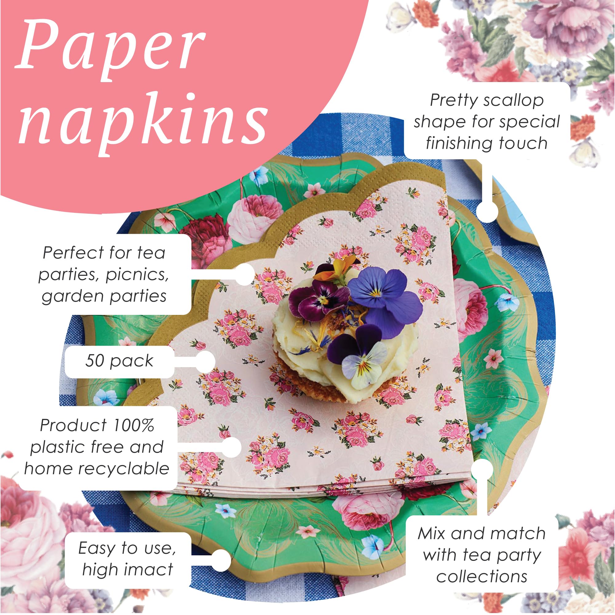 Talking Tables Pretty Floral Napkins - Pack of 50 | Pink Paper | 33cm Unfolded | Afternoon Tea & Partyware 5