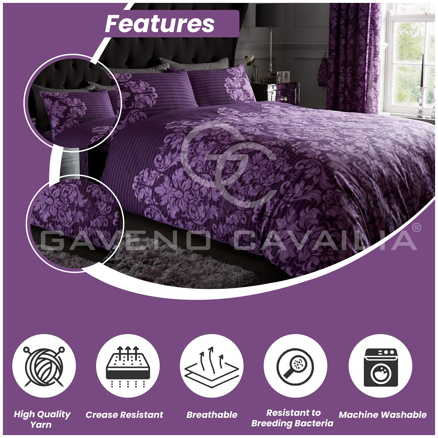 GC GAVENO CAVAILIA Damask Floral Double Duvet Cover Set | 50% Cotton/50% Polyester | Purple 3