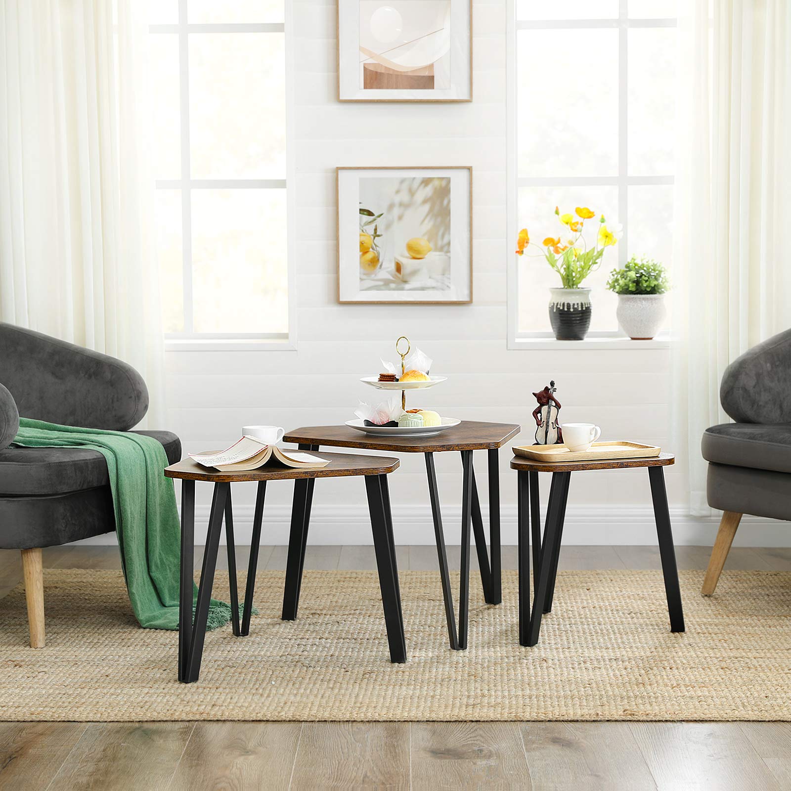 VASAGLE Nesting Coffee Table Set of 3 End Tables for Living Room | Rustic Brown + Black | Industrial Style 4