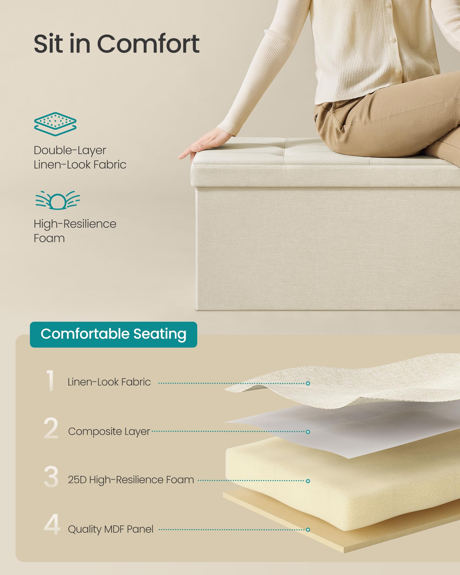SONGMICS MAZIE Storage Ottoman Bench - 110 cm Folding Foot Rest | 300 kg Capacity | Cream White 5