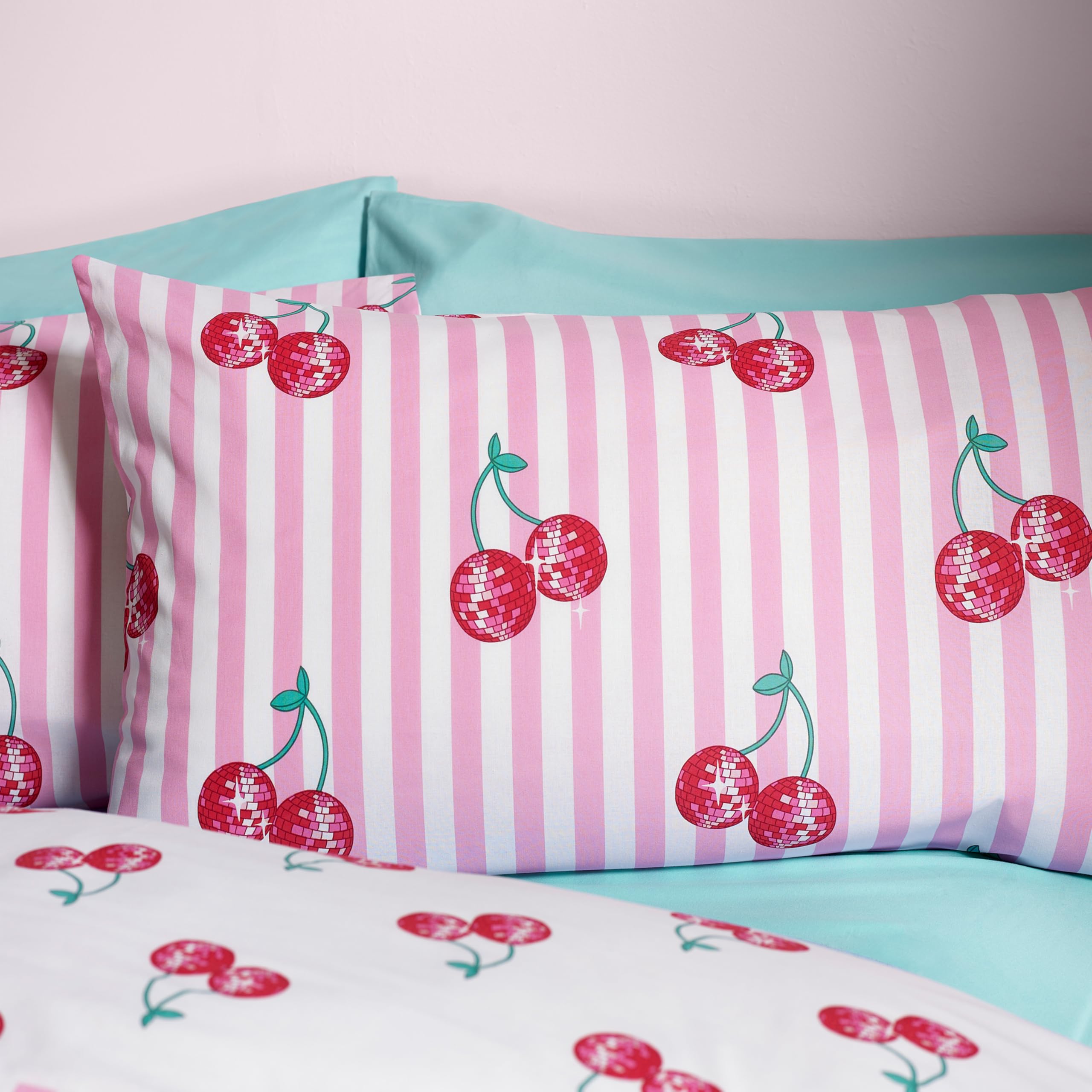 Catherine Lansfield Disco Cherries Stripes Reversible Double Duvet Cover Set | Pink | Polycotton 3