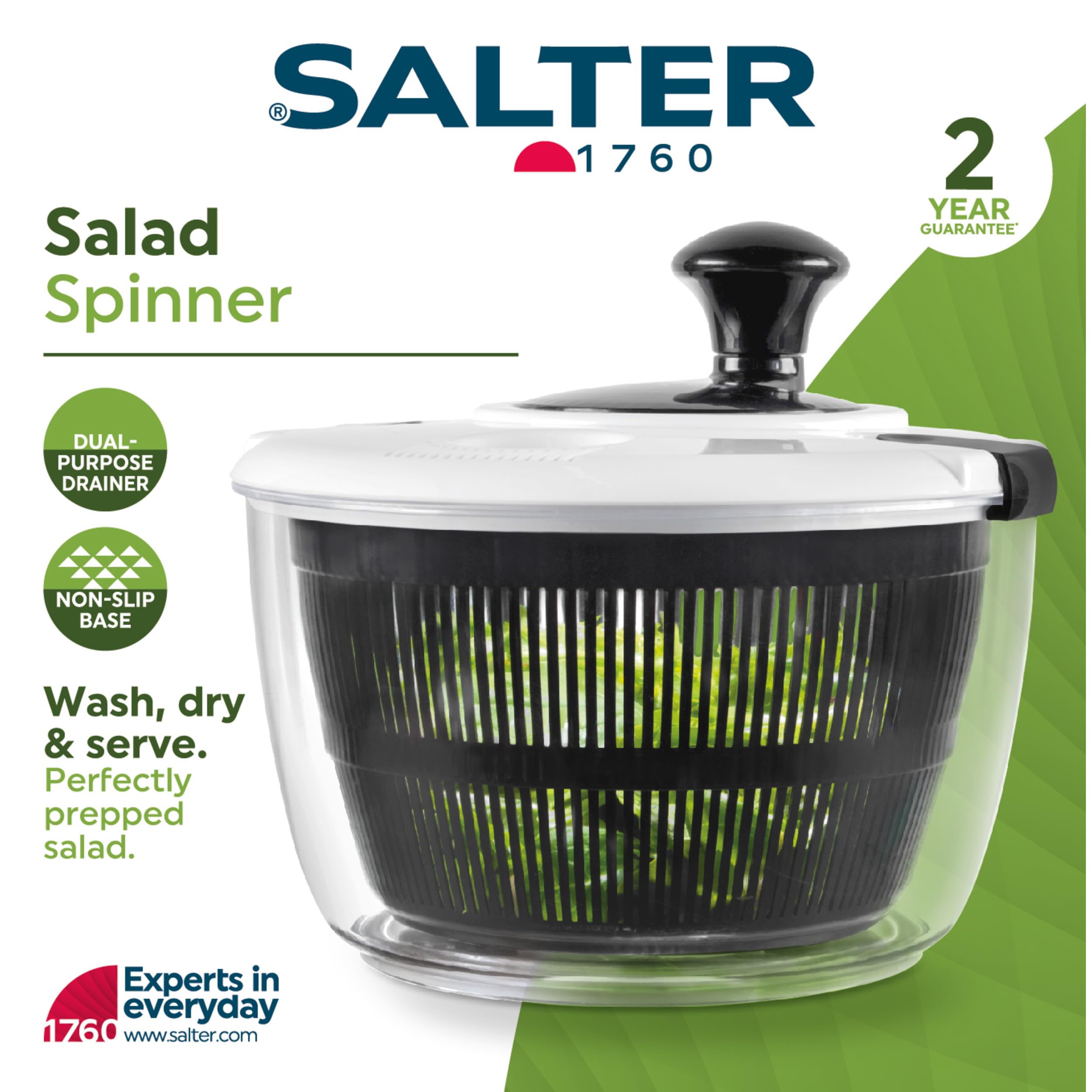 Salter 3.5L Salad Spinner - Wash, Dry, and Serve Lettuce Dryer | Plastic | White/Black 3