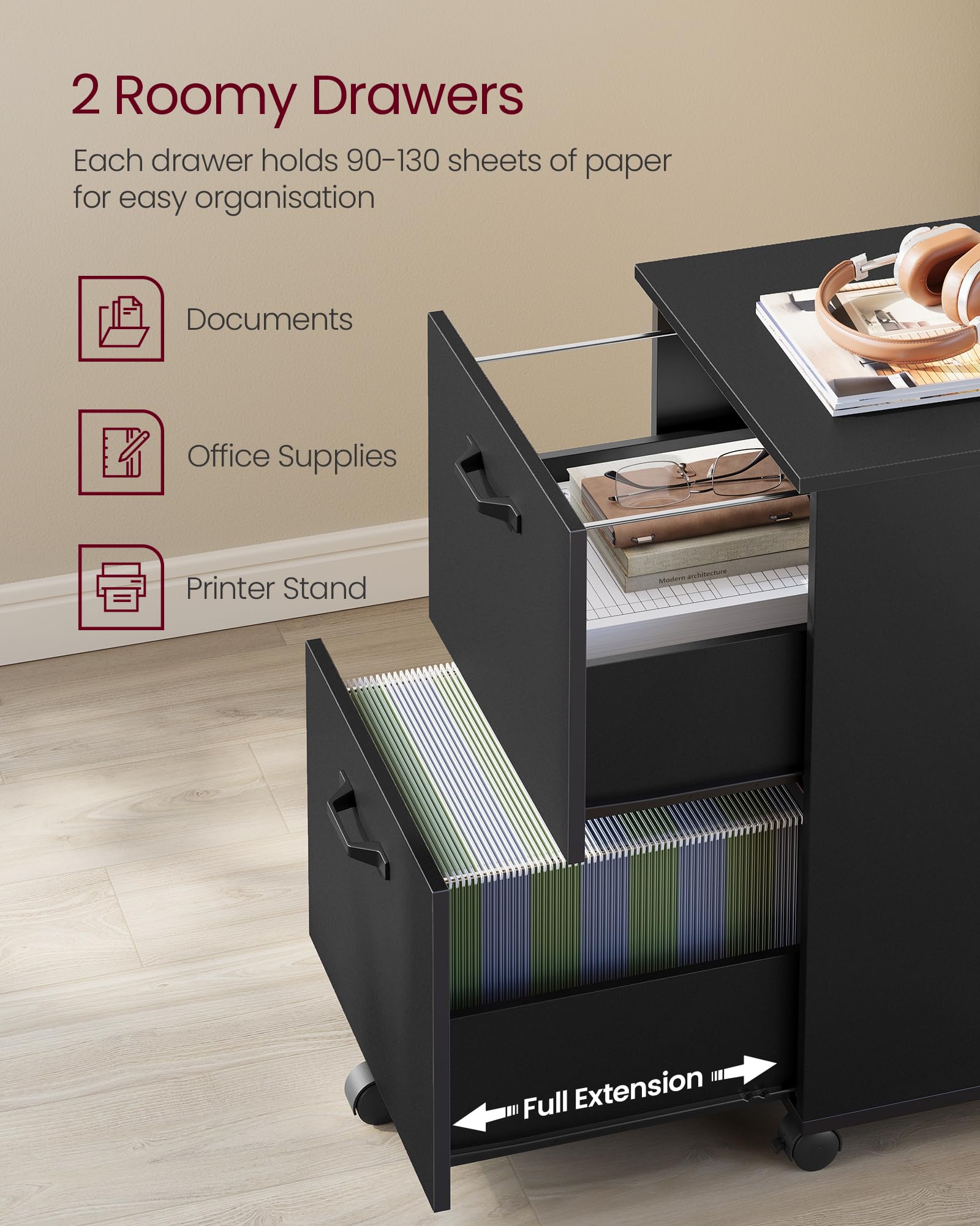 VASAGLE 2-Drawer Mobile File Cabinet - Rolling, Lockable, Printer Stand for A4/Letter Files | Matte Black 4