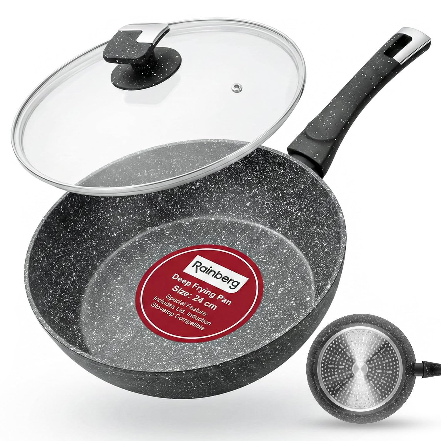 Rainberg 24cm Deep Frying Pan with Lid, Granite Nonstick, Induction Compatible, Black 1