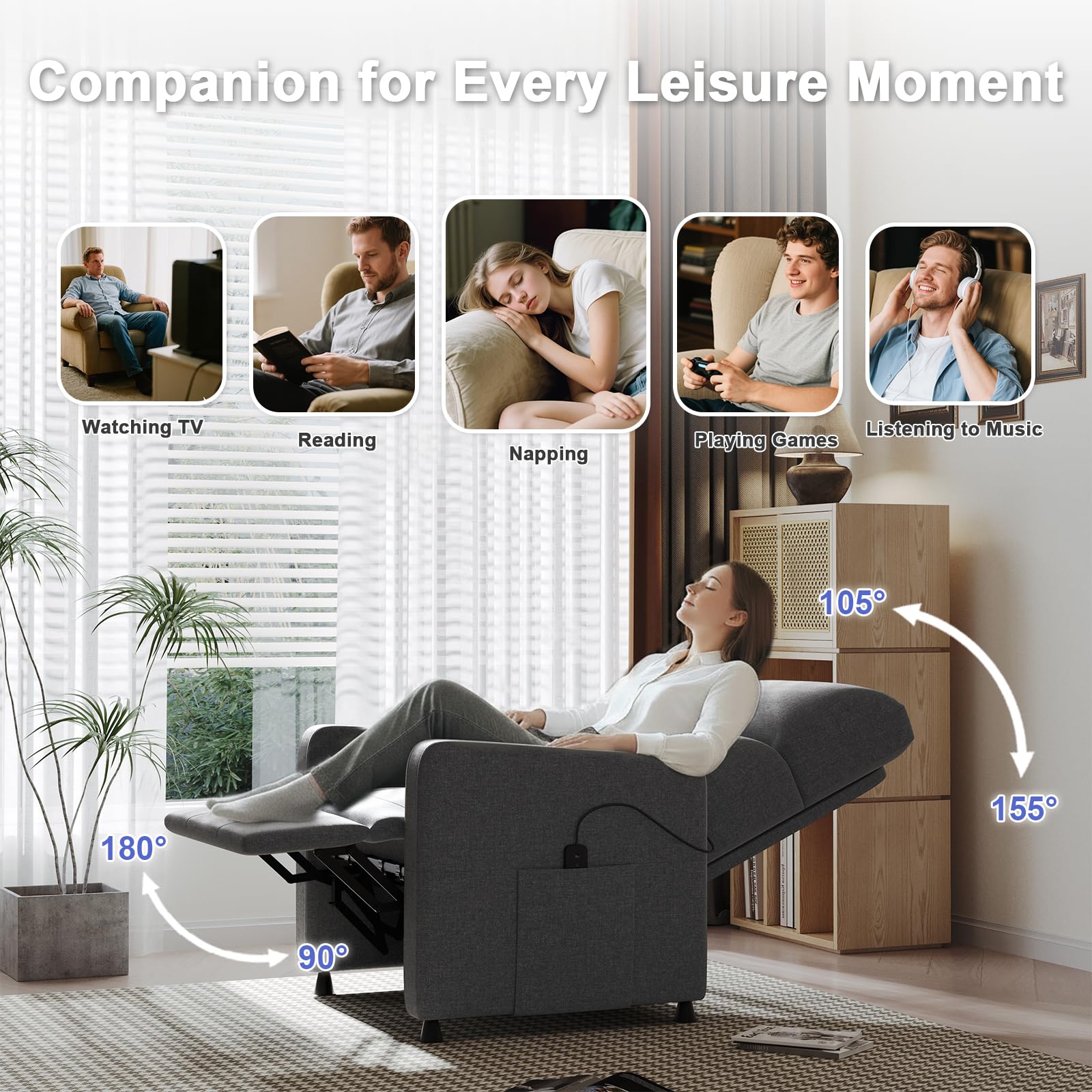 JUMMICO Electric Recliner Armchair - Grey Fabric, Stepless Adjustment up to 155° 4