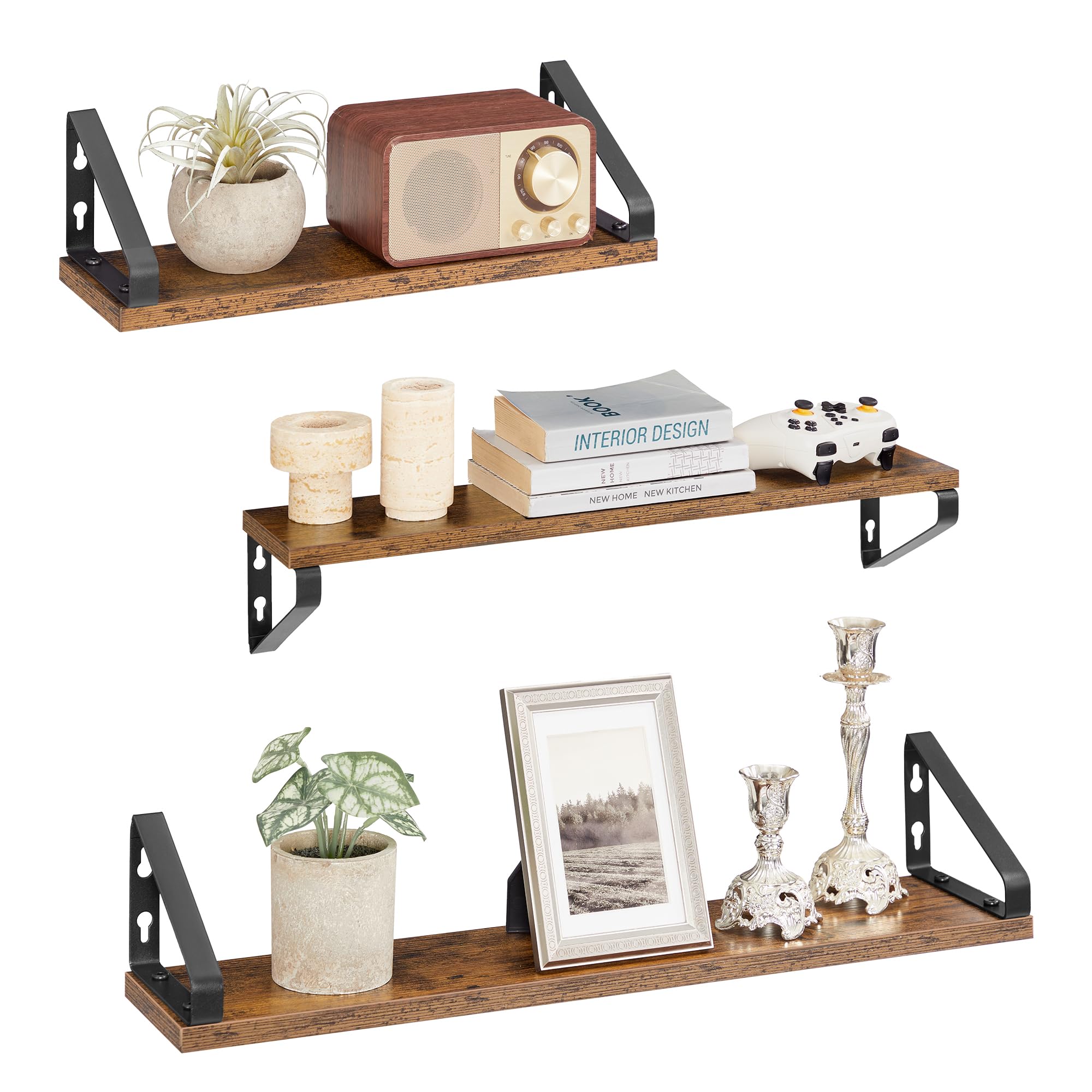 VASAGLE Floating Wall Shelves - Set of 3 (40/50/60 cm) | Rustic Brown & Matte Black | Holds 10 kg Each 1