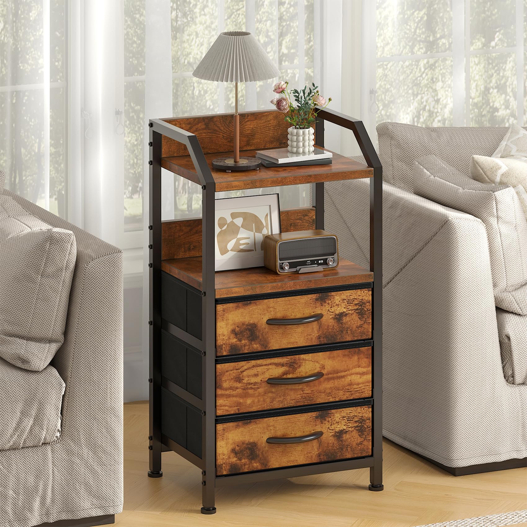 Feonase Bedside Table with 3 Fabric Drawers & Open Shelf | Rustic Brown | 40x30x75 cm 3