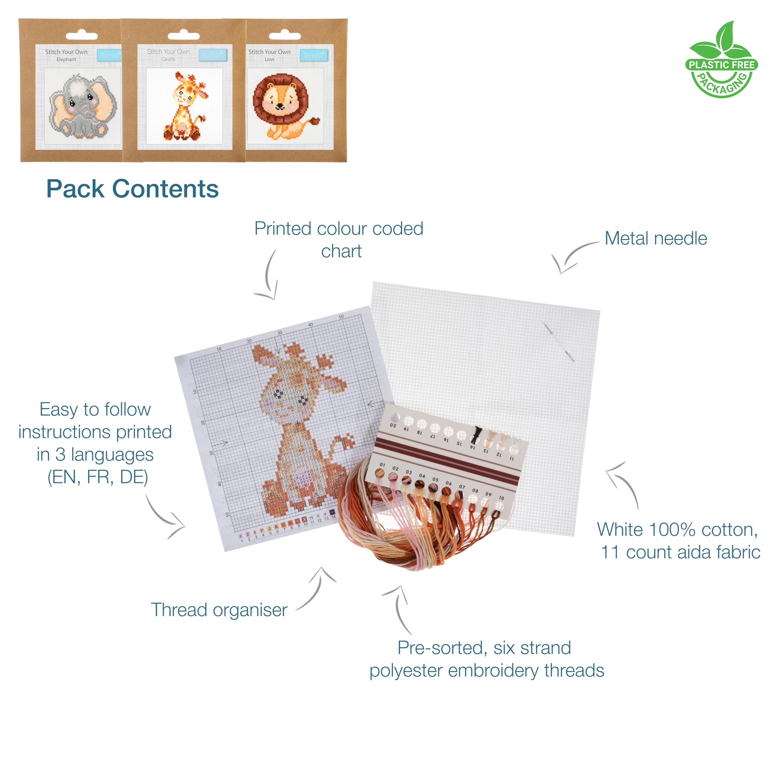 Trimits 3PK Cross Stitch Kits for Adults Beginners - Pre Printed Zoo Animals | 13x13cm 3