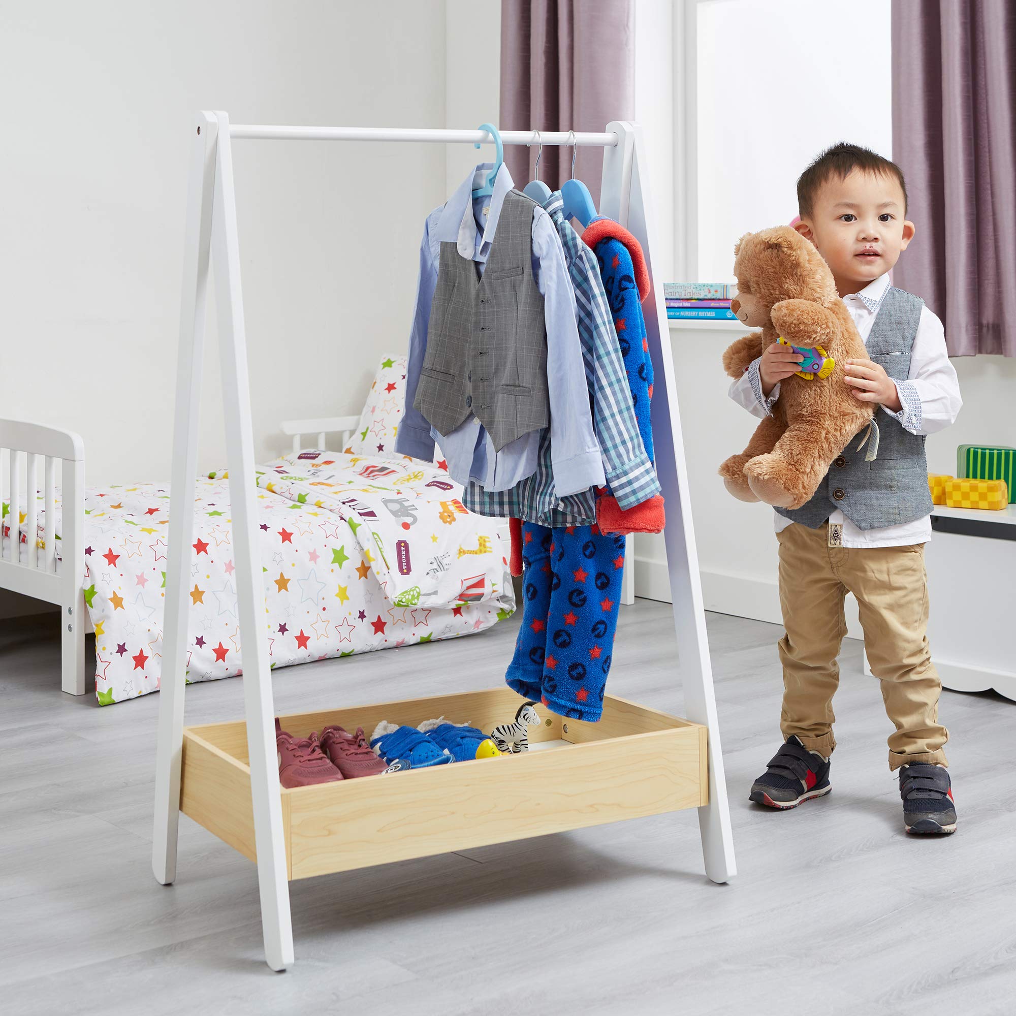 Liberty House Toys Wooden Kids Dressing Rail Unit - White & Pine | H98.5cm 1