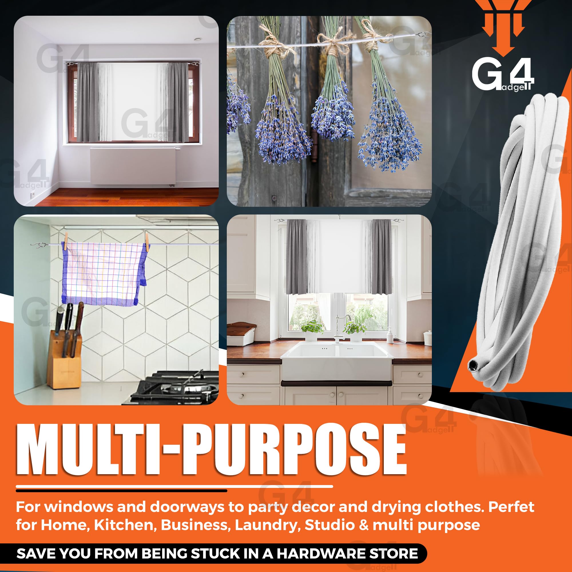 G4GADGET 3M Net Curtain Wire with 8 Hooks & 8 Eyes | Alloy Steel | White 8