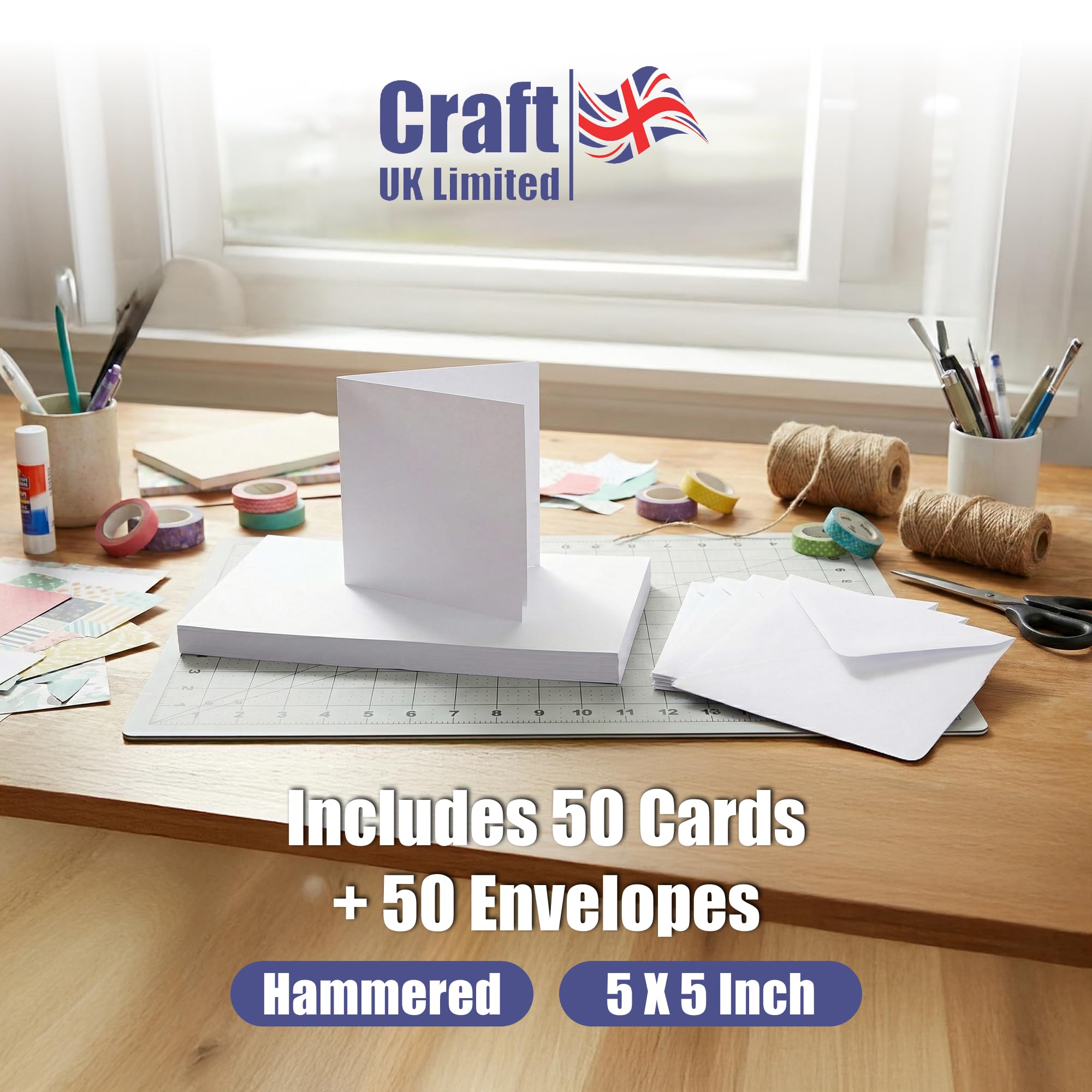 Craft UK Hammered Card Stock Pack - 50 Count 5x5 Inch White Cards & Envelopes | 300 GSM 4
